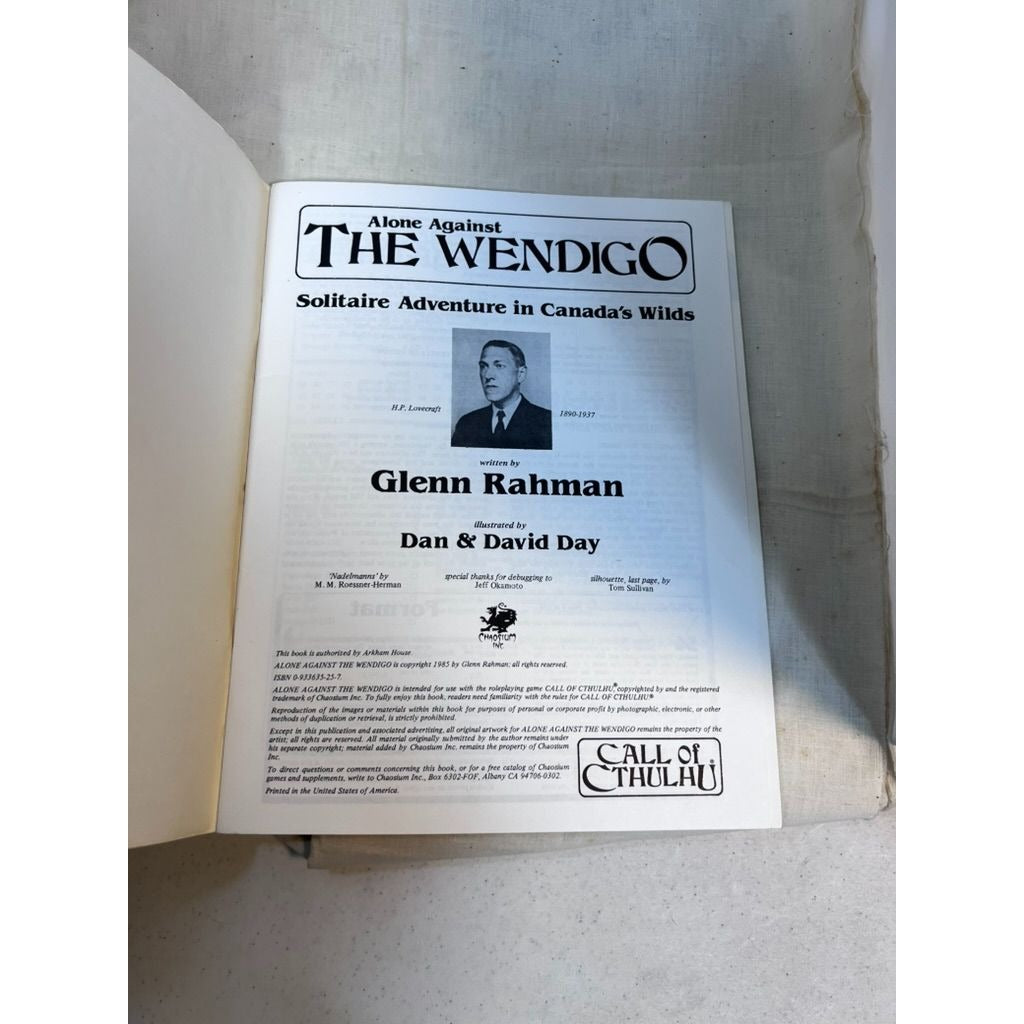 Alone Against the Wendigo - Call of Cthulhu RPG Chaosium - 1st Edition 1985