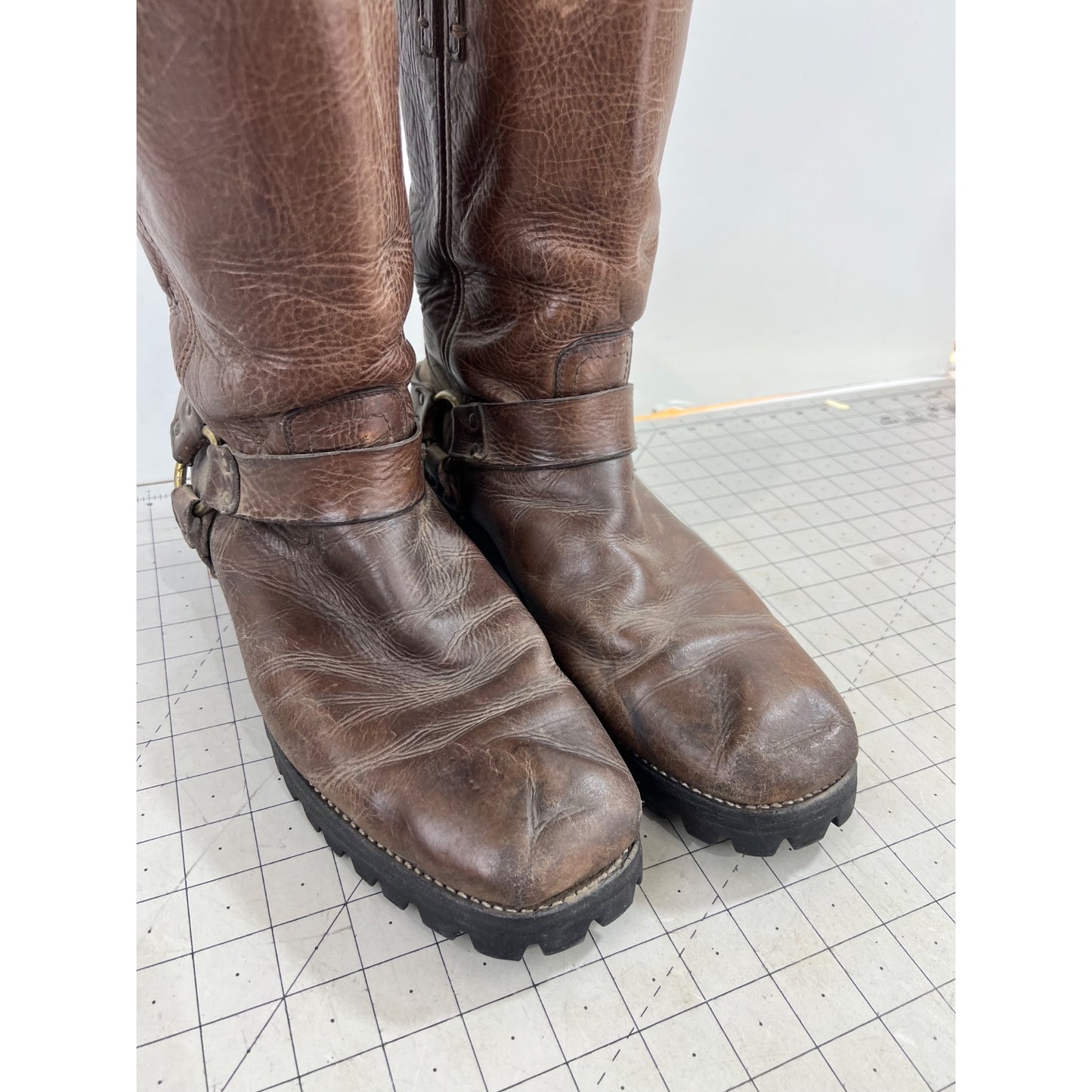 Vintage Frye Brown Leather Harness Boots Lug Sole - Men's Size 12