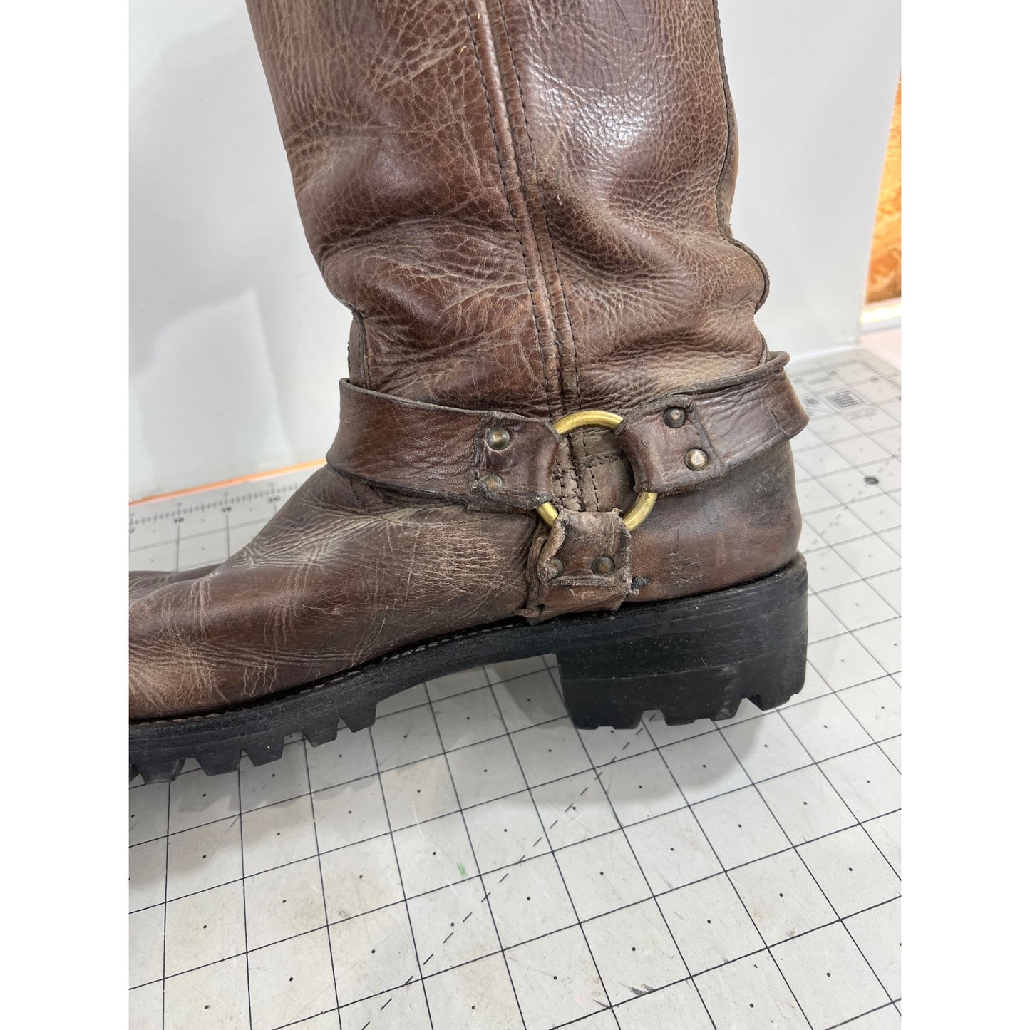 Vintage Frye Brown Leather Harness Boots Lug Sole - Men's Size 12