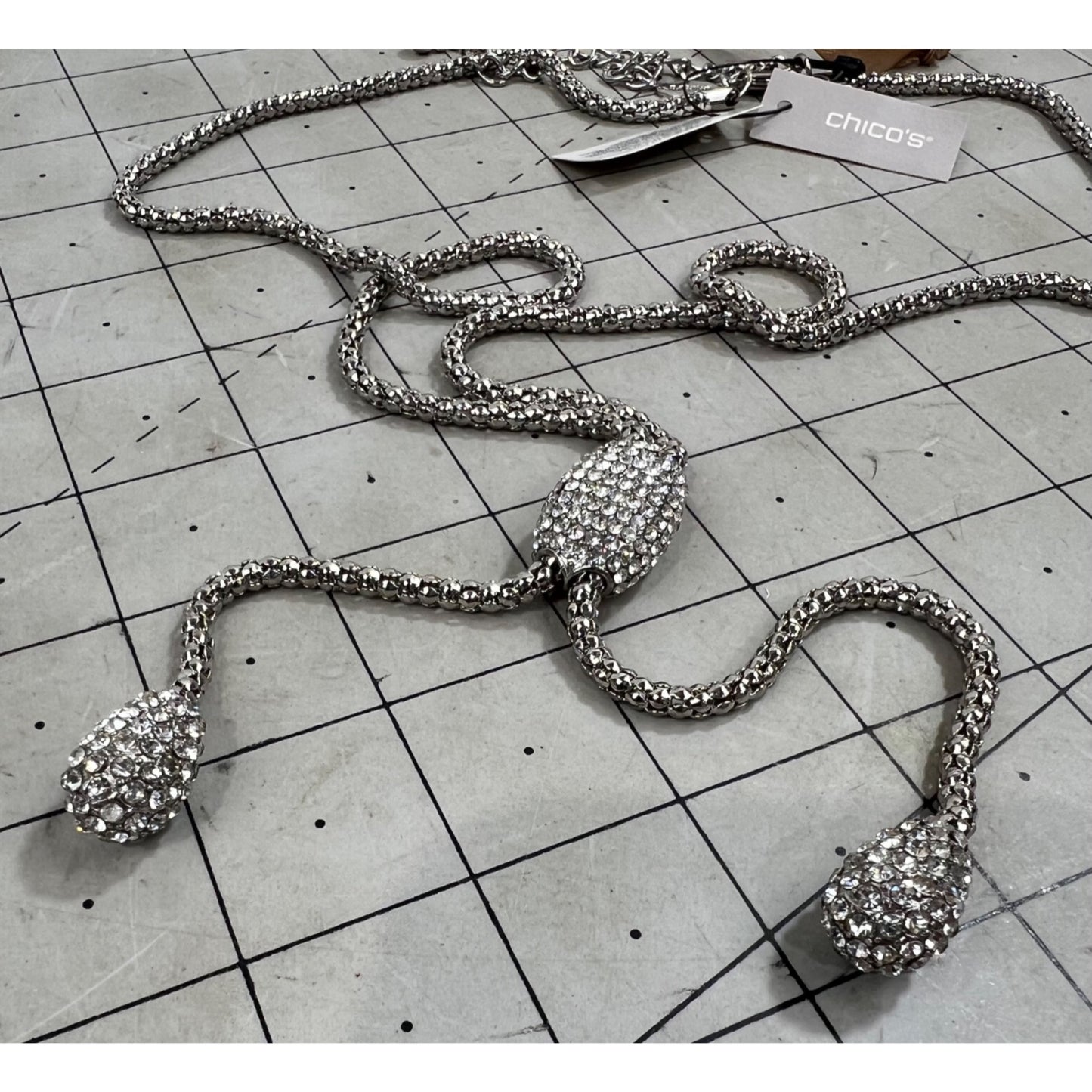 Chico's Silver-Tone Crystal Drop Lariat Necklace Adjustable Lobster Clasp NEW
