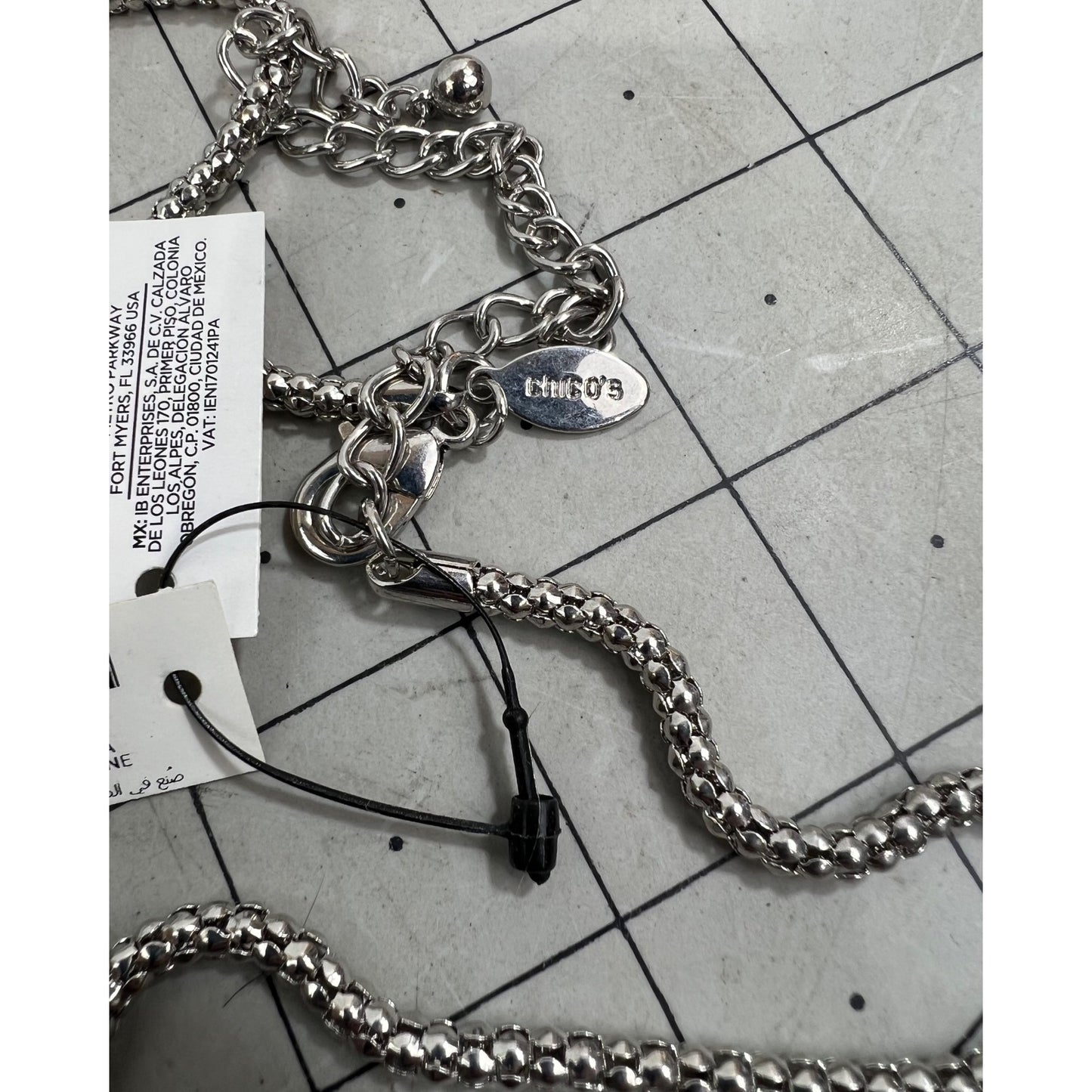 Chico's Silver-Tone Crystal Drop Lariat Necklace Adjustable Lobster Clasp NEW