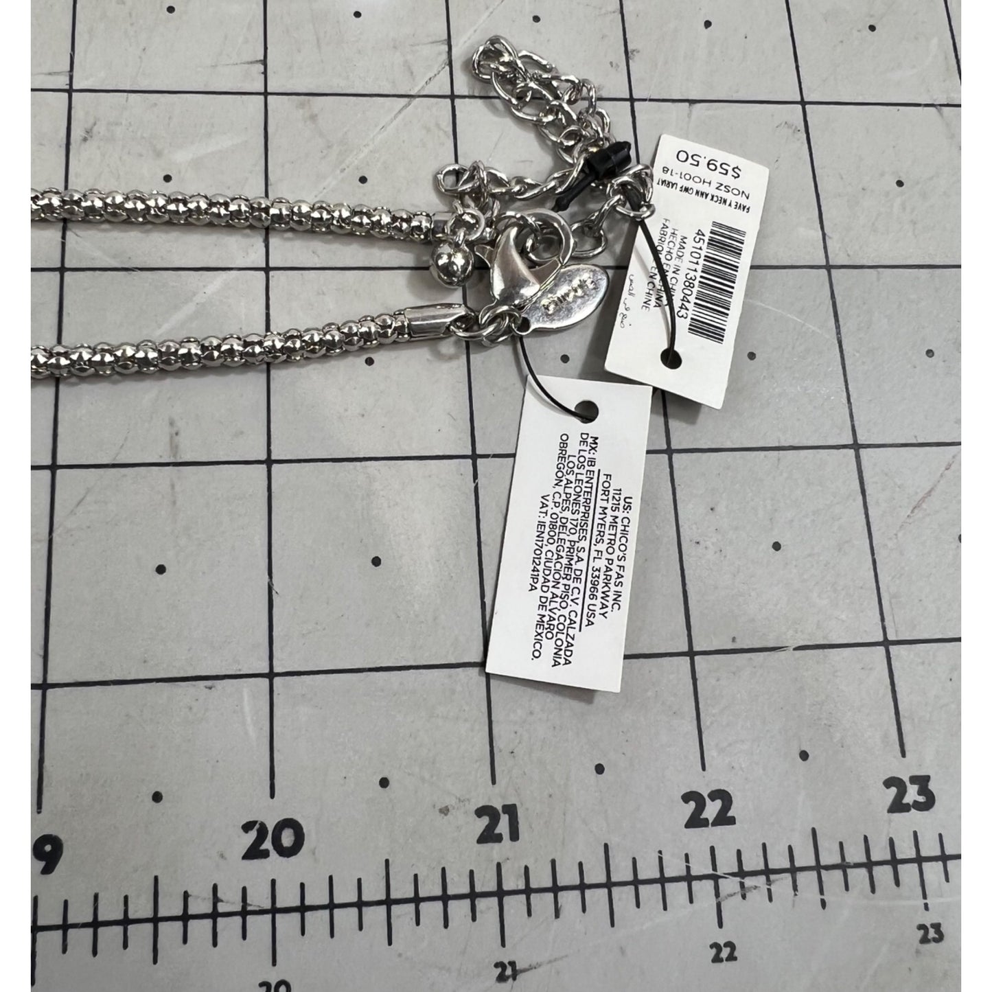 Chico's Silver-Tone Crystal Drop Lariat Necklace Adjustable Lobster Clasp NEW