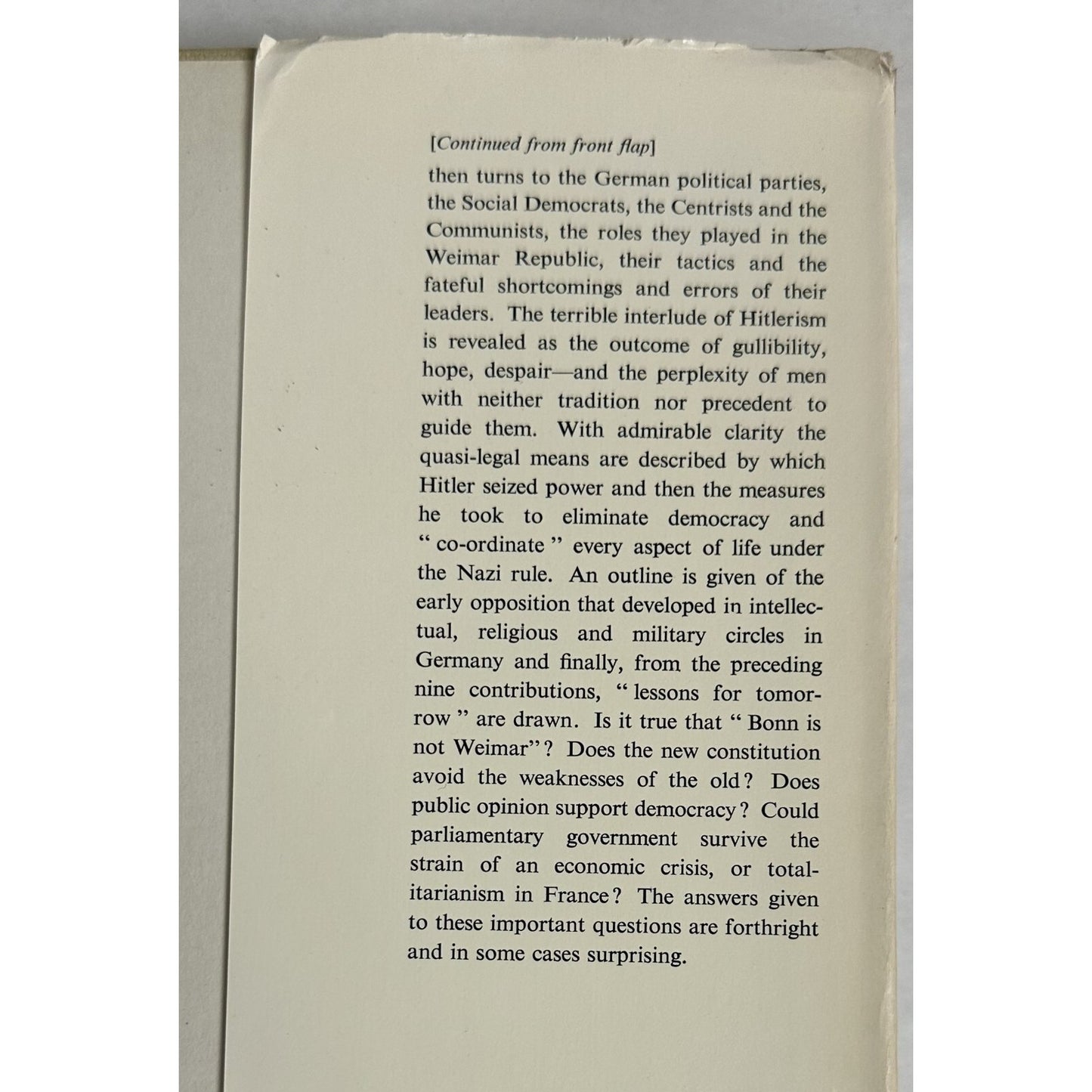 The Road To Dictatorship Germany 1918-1933 Oswald Wolff 1964 Hardcover Fine Condition