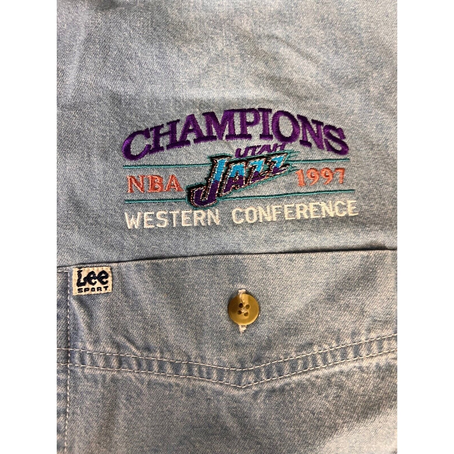 Vintage Lee Sports NBA 1997 Western Conference Jazz Denim Shirt Men's Sz. M COA