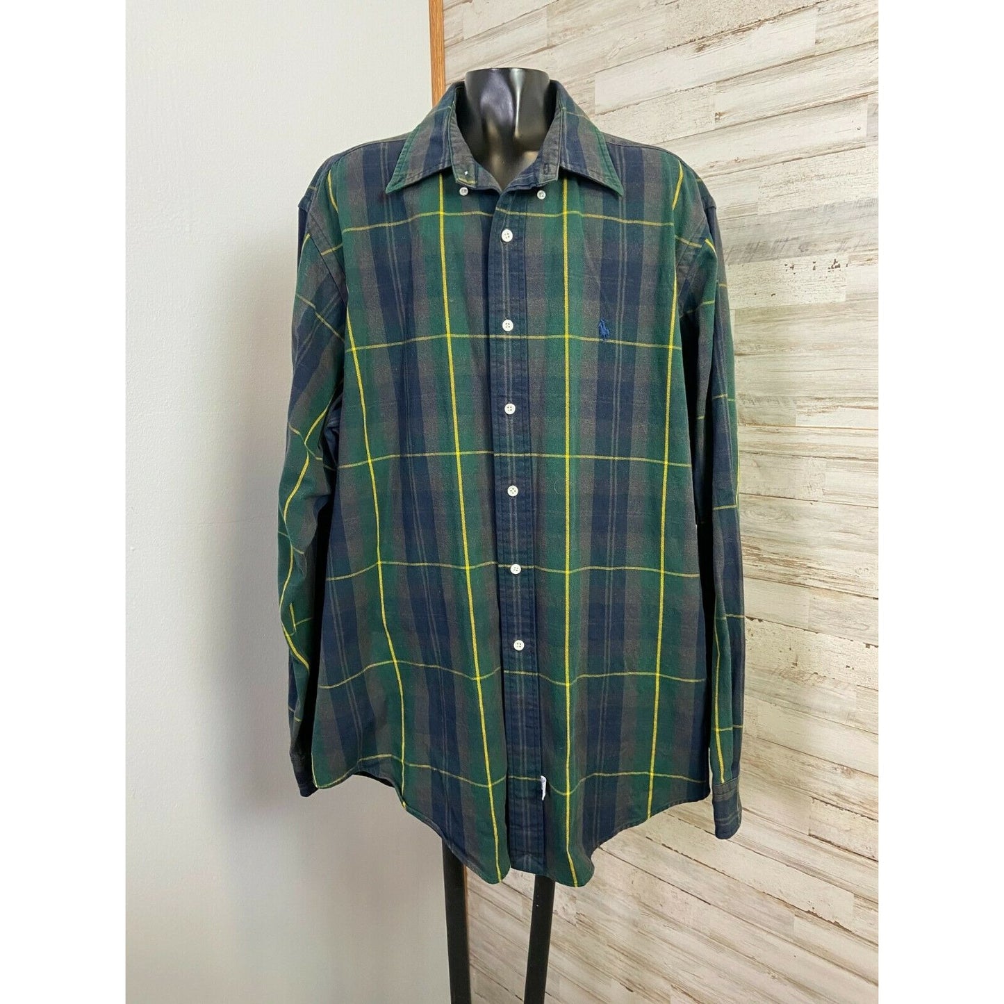 Ralph Lauren Blue Plaid Button-Down Shirt Mens XL 100% Cotton Long Sleeve Classic Fit