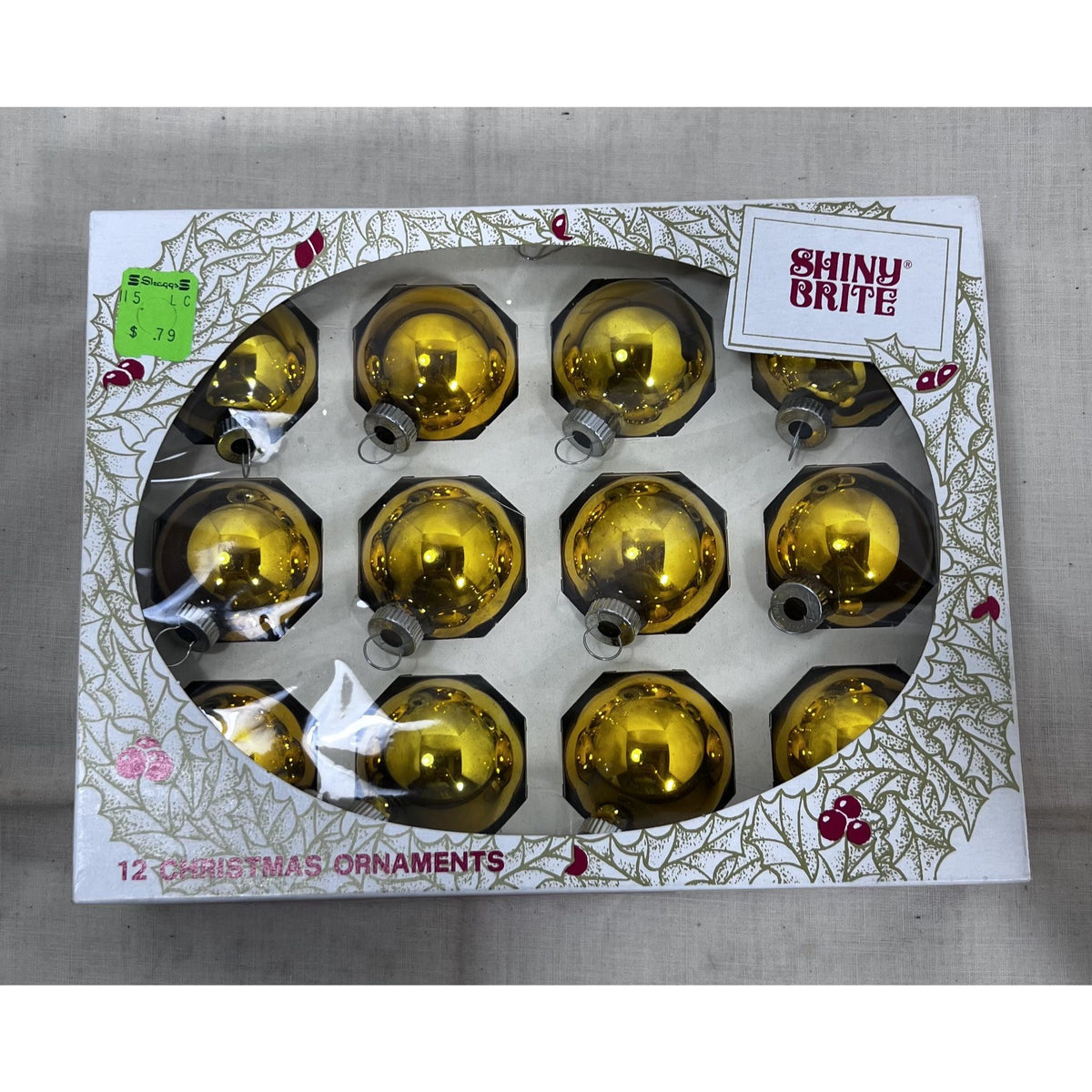 Shiny Brite 12 Gold Glass Christmas Ornaments Vintage American Made 2" Diameter