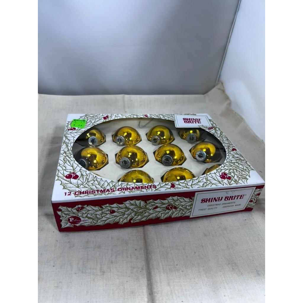 Shiny Brite 12 Gold Glass Christmas Ornaments Vintage American Made 2" Diameter