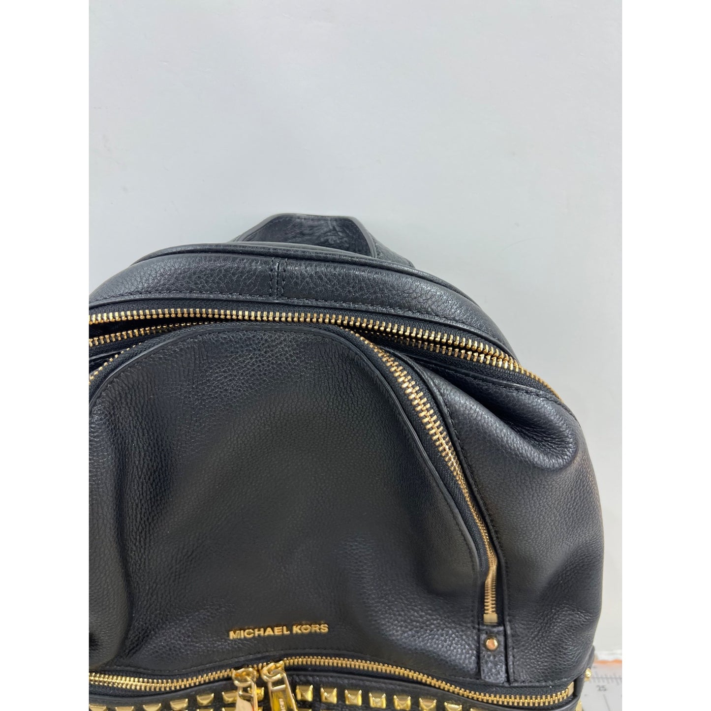 Michael Kors Black Leather Studded Rhea Zip Backpack  Gold Hardware