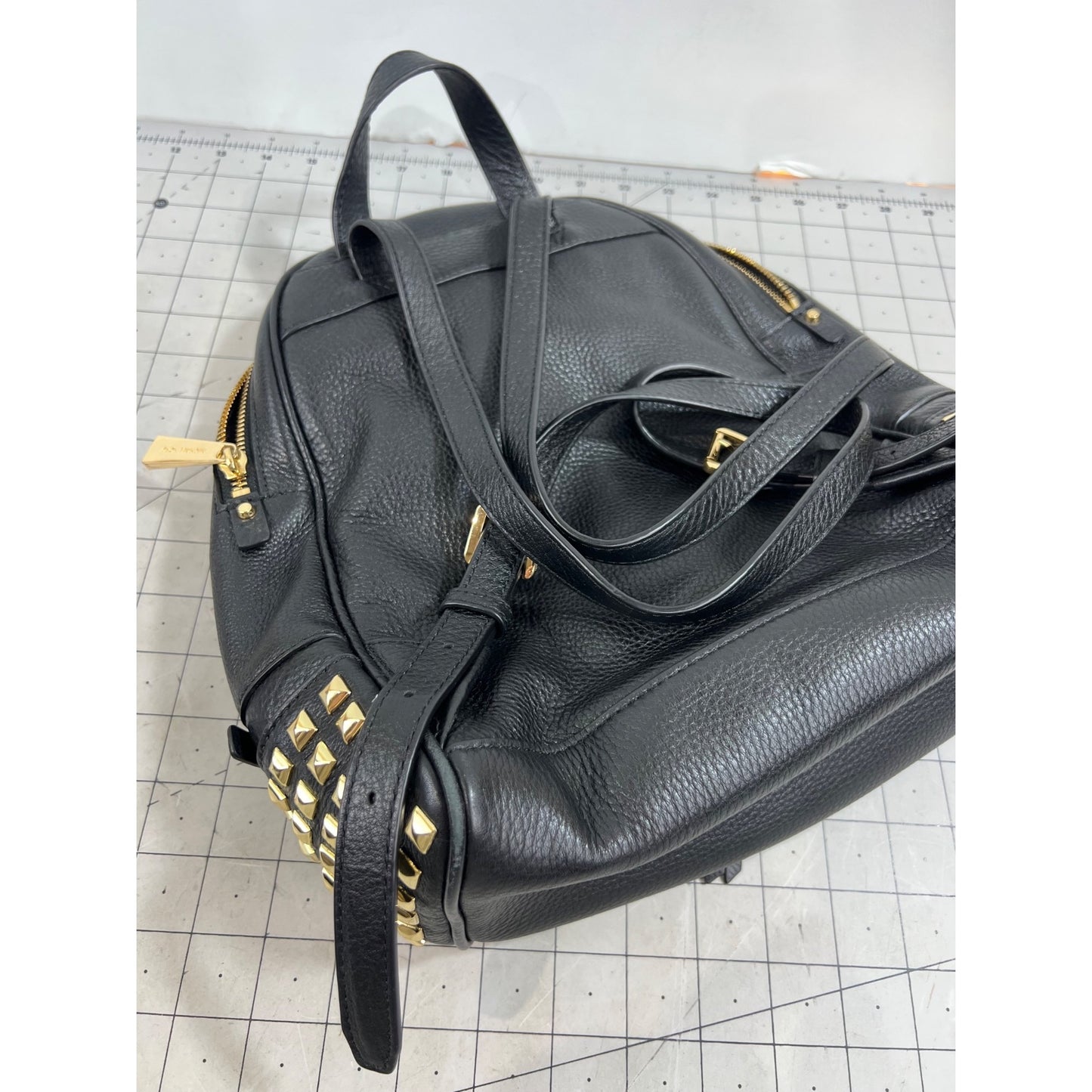 Michael Kors Black Leather Studded Rhea Zip Backpack  Gold Hardware