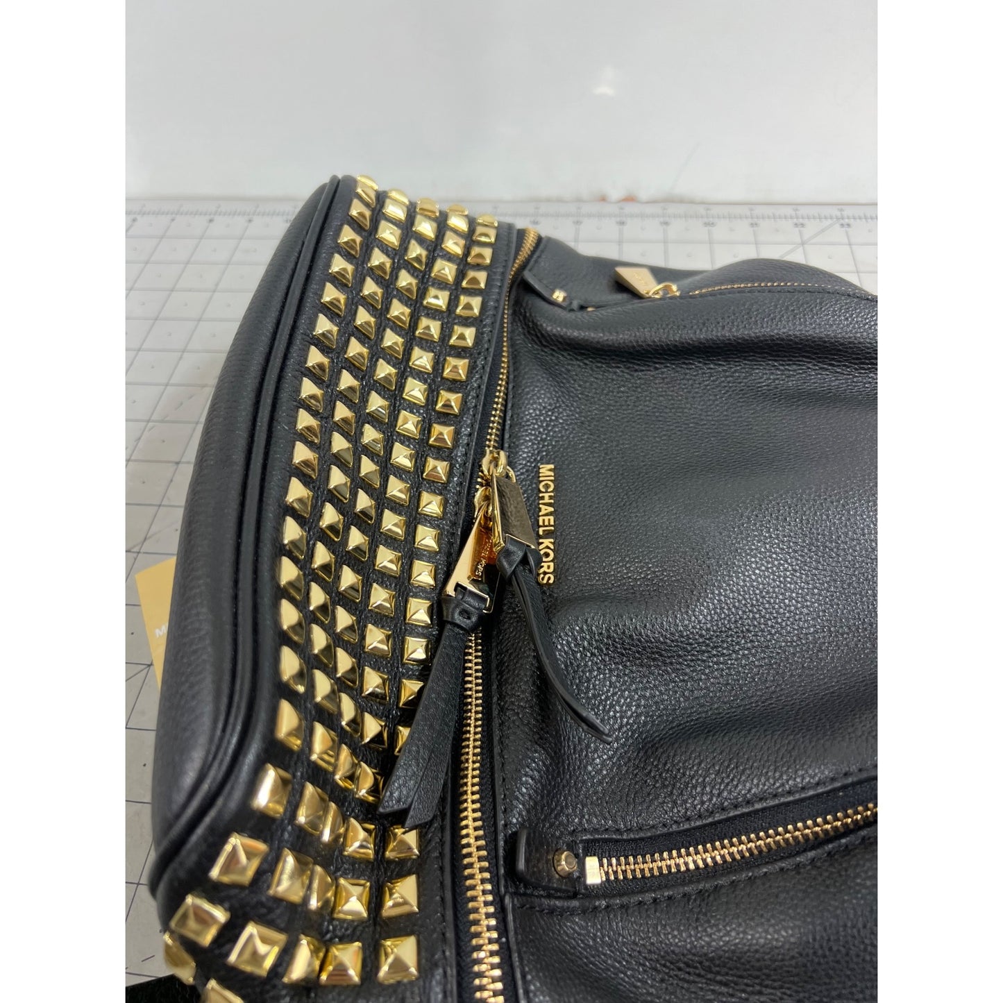Michael Kors Black Leather Studded Rhea Zip Backpack  Gold Hardware