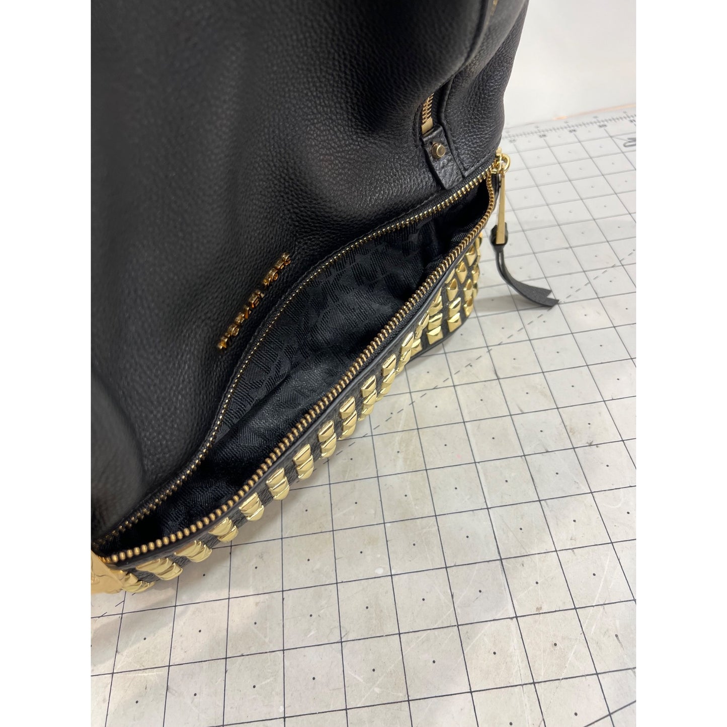 Michael Kors Black Leather Studded Rhea Zip Backpack  Gold Hardware