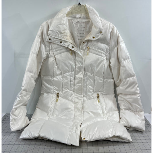 Calvin Klein White Puffer Jacket Down Fill Hidden Hood Women's Size M ~~minty~~