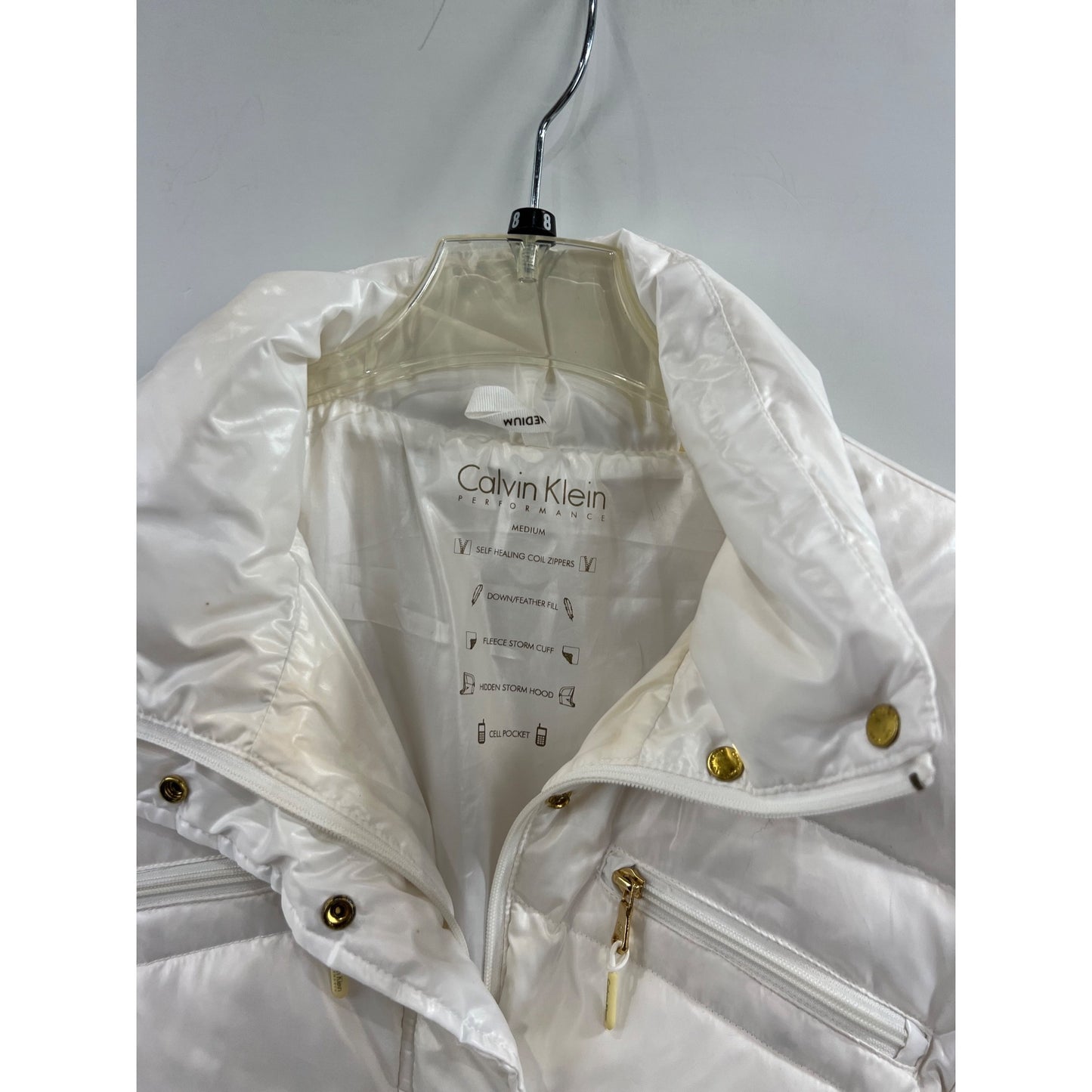 Calvin Klein White Puffer Jacket Down Fill Hidden Hood Women's Size M ~~minty~~