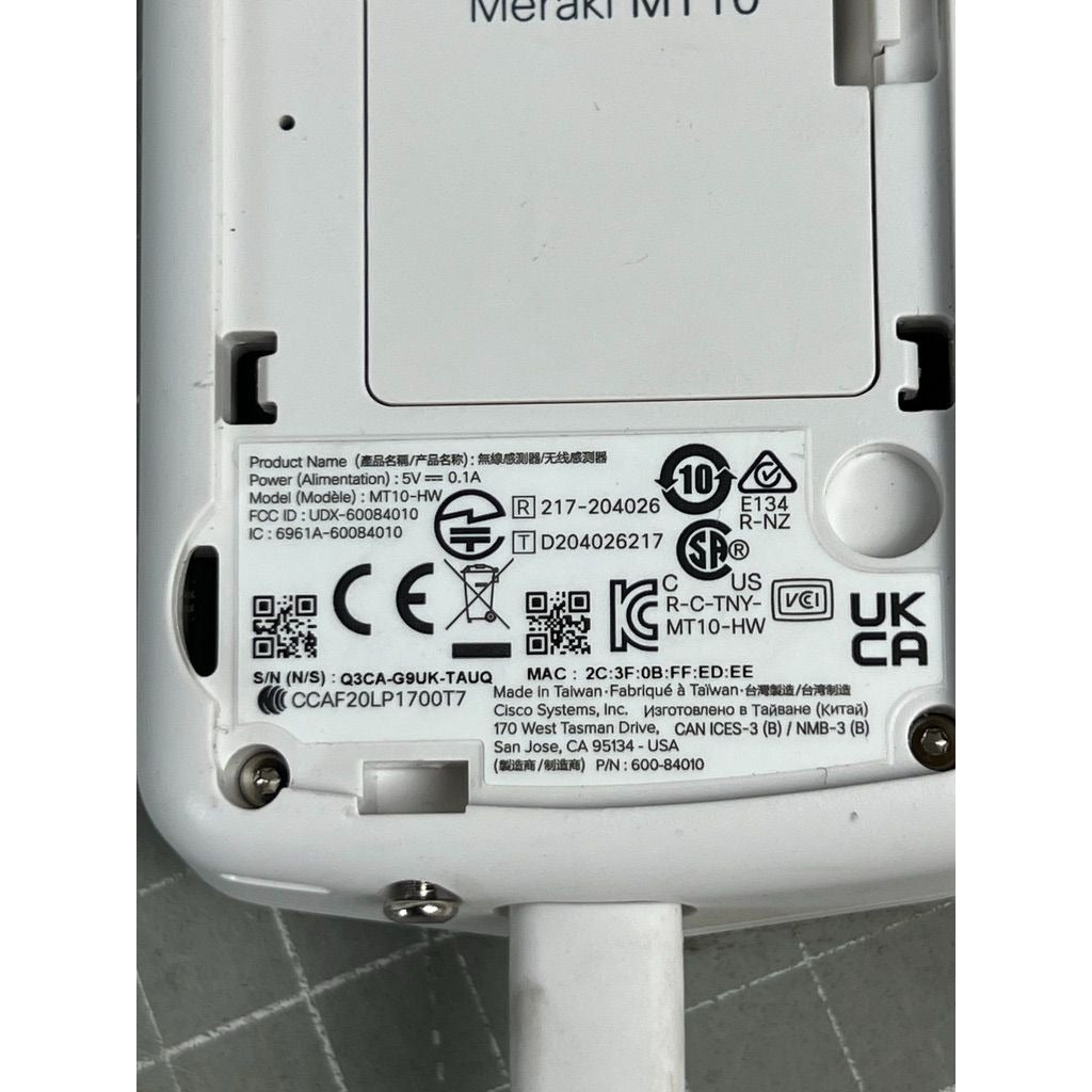 Cisco Meraki MT10 Environmental Sensor With Power Adapter & Cable