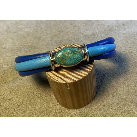 Two-Tone Blue Leather Wrap Bracelet Silverplated Fittings & Turquoise Cabochon Stone
