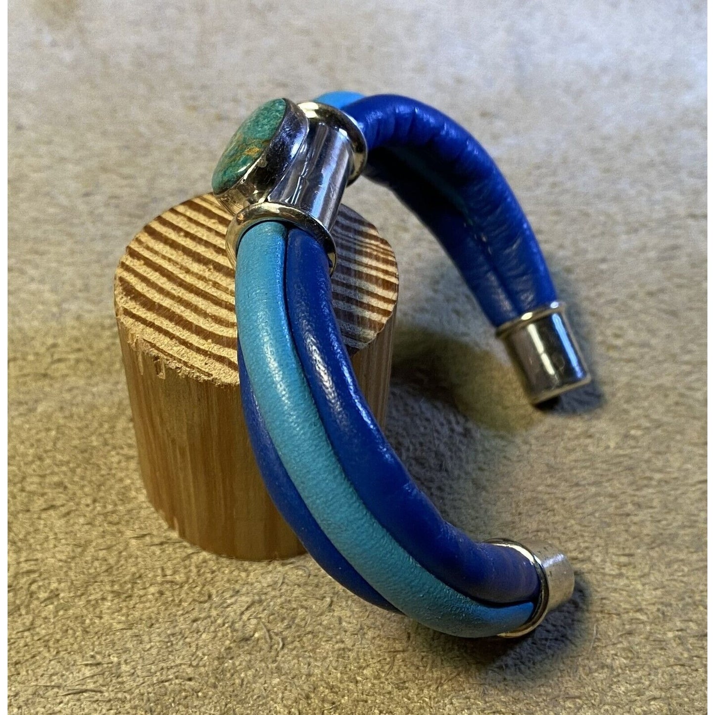 Two-Tone Blue Leather Wrap Bracelet Silverplated Fittings & Turquoise Cabochon Stone