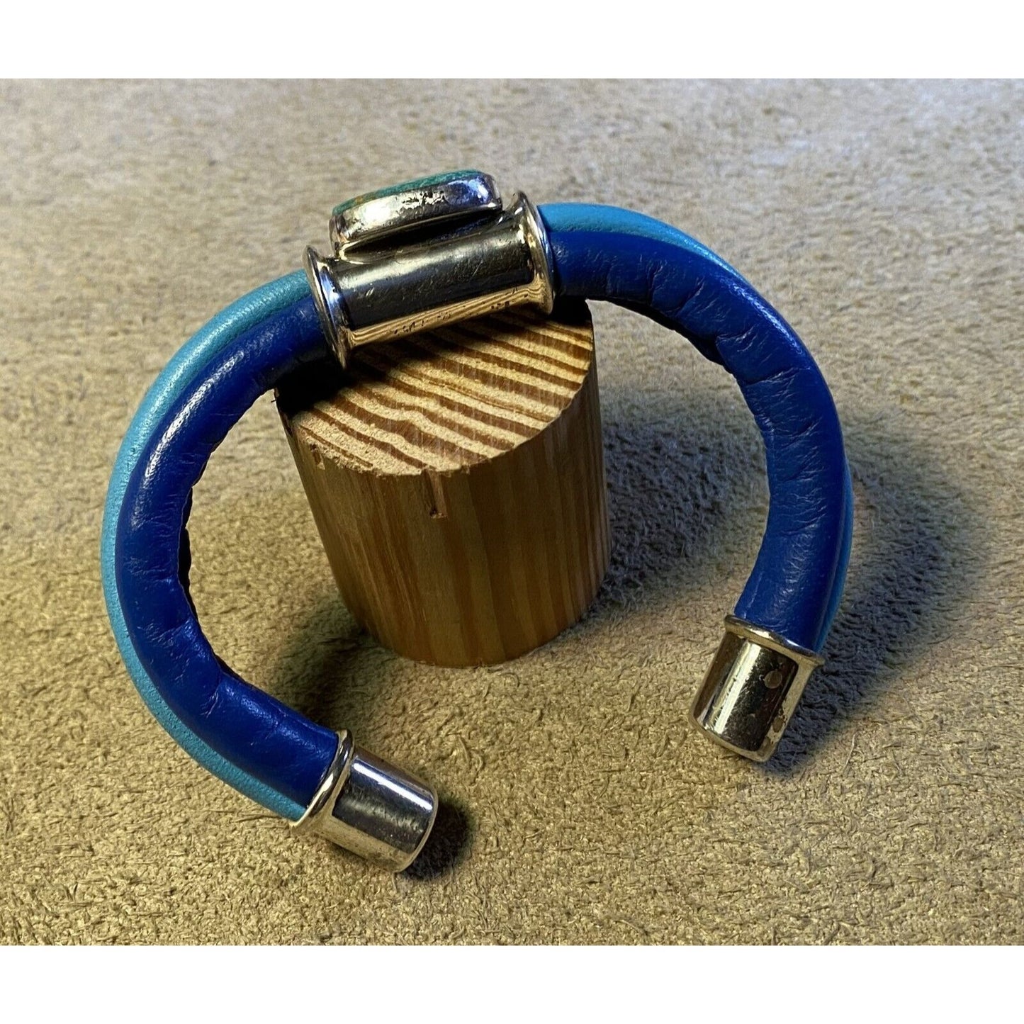 Two-Tone Blue Leather Wrap Bracelet Silverplated Fittings & Turquoise Cabochon Stone