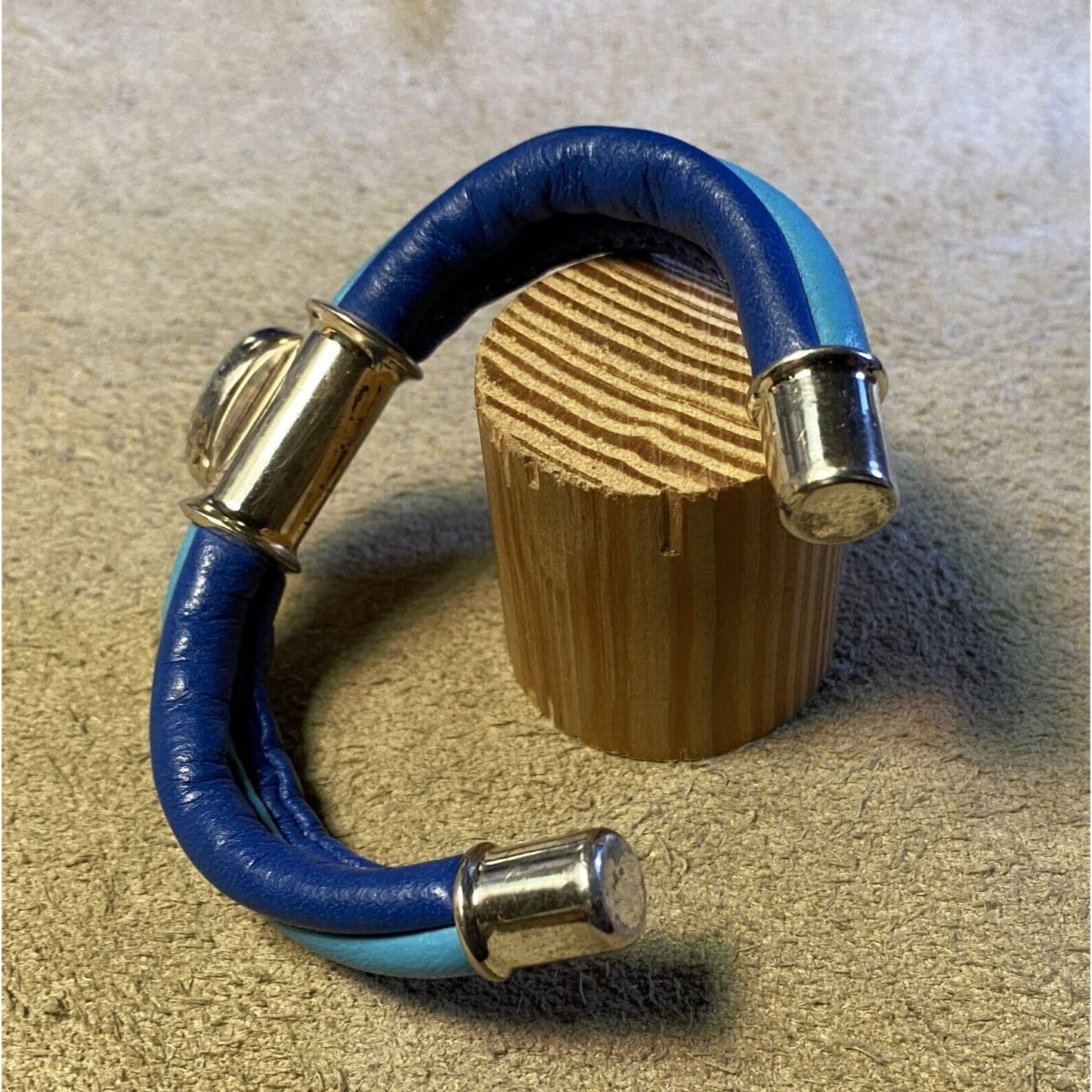 Two-Tone Blue Leather Wrap Bracelet Silverplated Fittings & Turquoise Cabochon Stone
