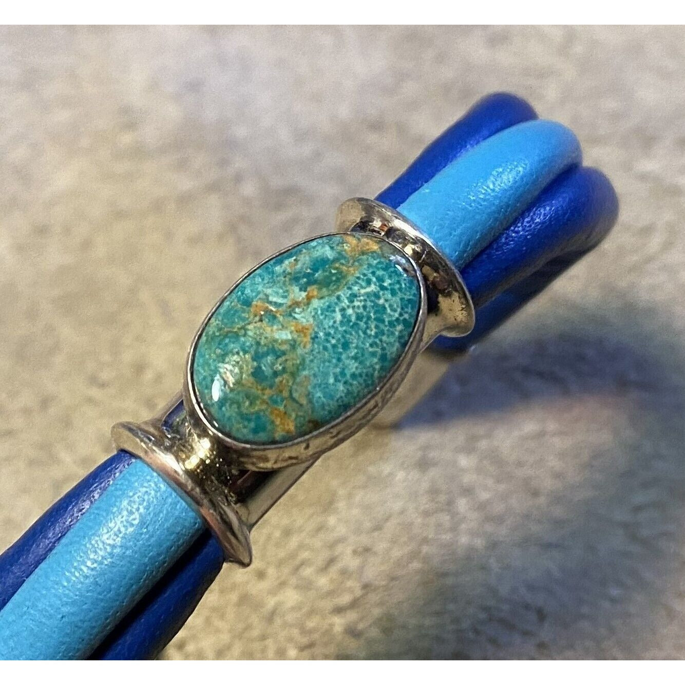 Two-Tone Blue Leather Wrap Bracelet Silverplated Fittings & Turquoise Cabochon Stone