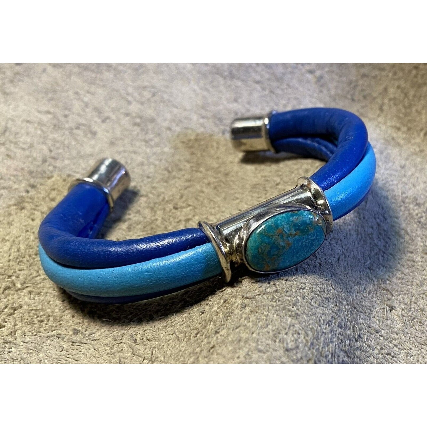 Two-Tone Blue Leather Wrap Bracelet Silverplated Fittings & Turquoise Cabochon Stone