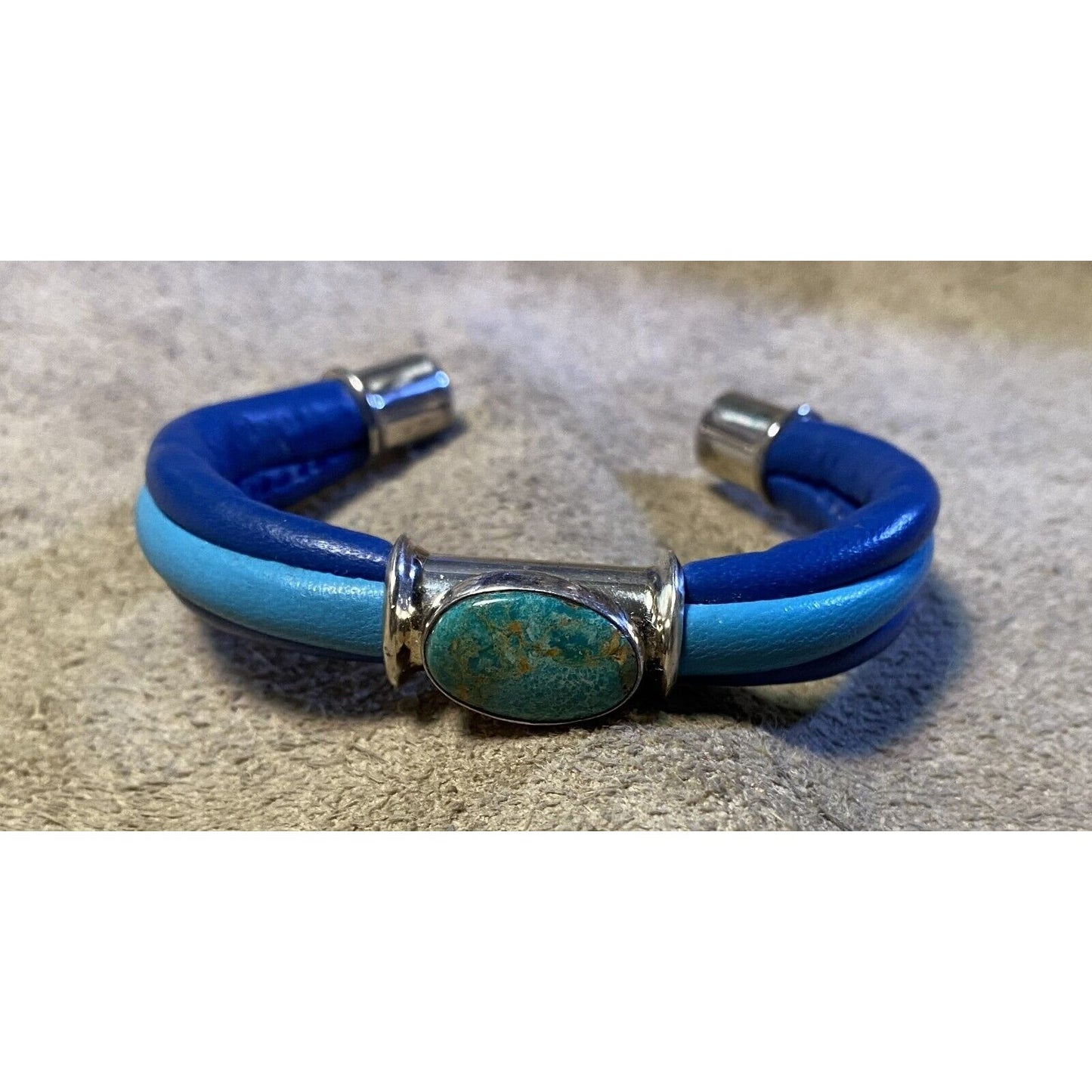 Two-Tone Blue Leather Wrap Bracelet Silverplated Fittings & Turquoise Cabochon Stone