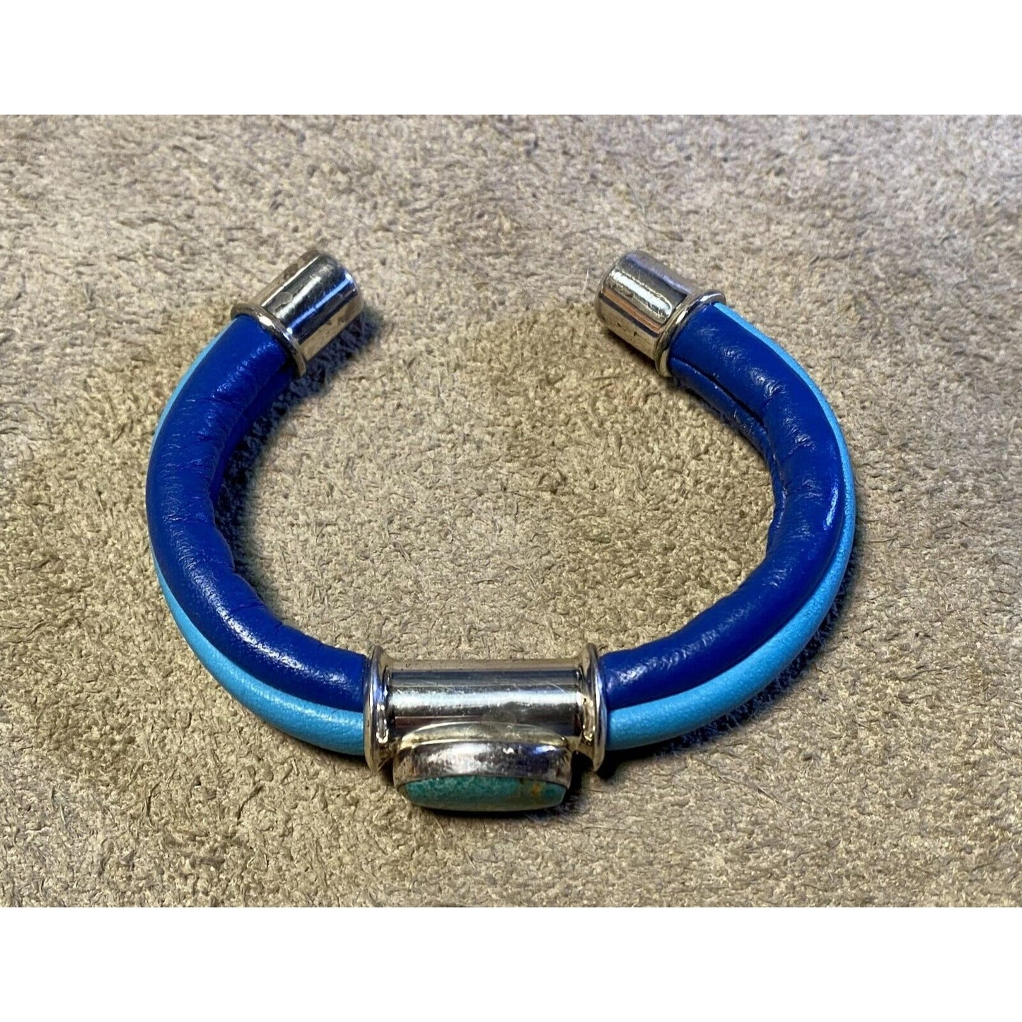 Two-Tone Blue Leather Wrap Bracelet Silverplated Fittings & Turquoise Cabochon Stone