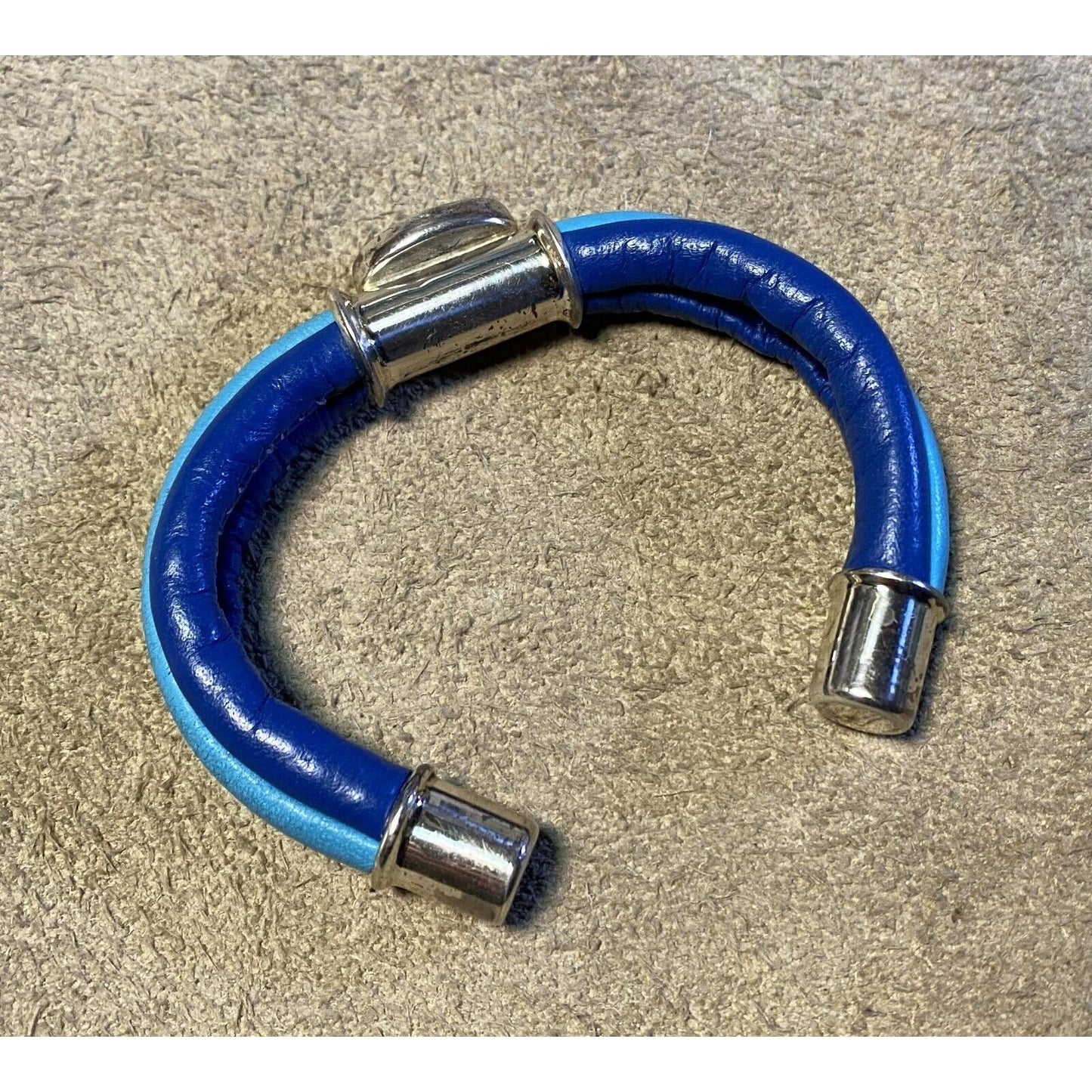 Two-Tone Blue Leather Wrap Bracelet Silverplated Fittings & Turquoise Cabochon Stone