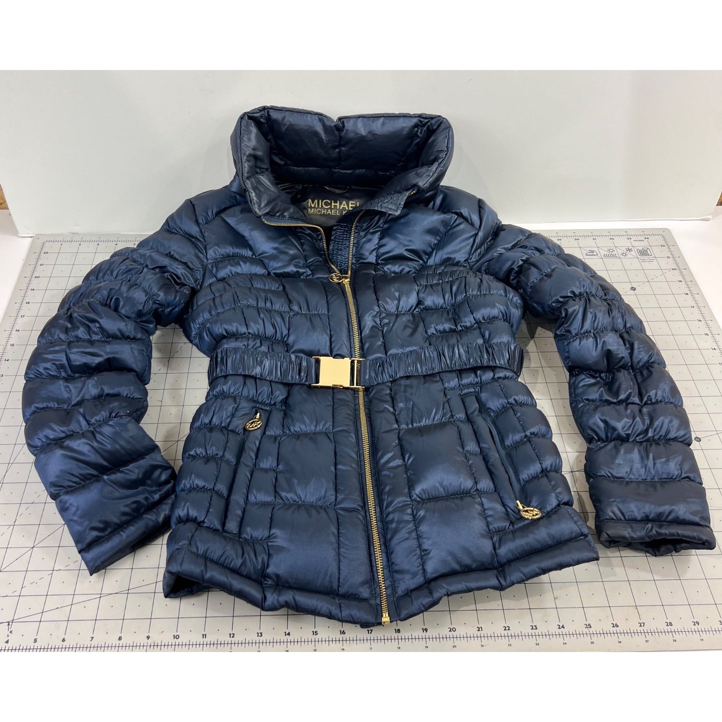 Michael Kors Women's Packable Down Puffer Jacket Navy Blue Gold Accents Sz. M