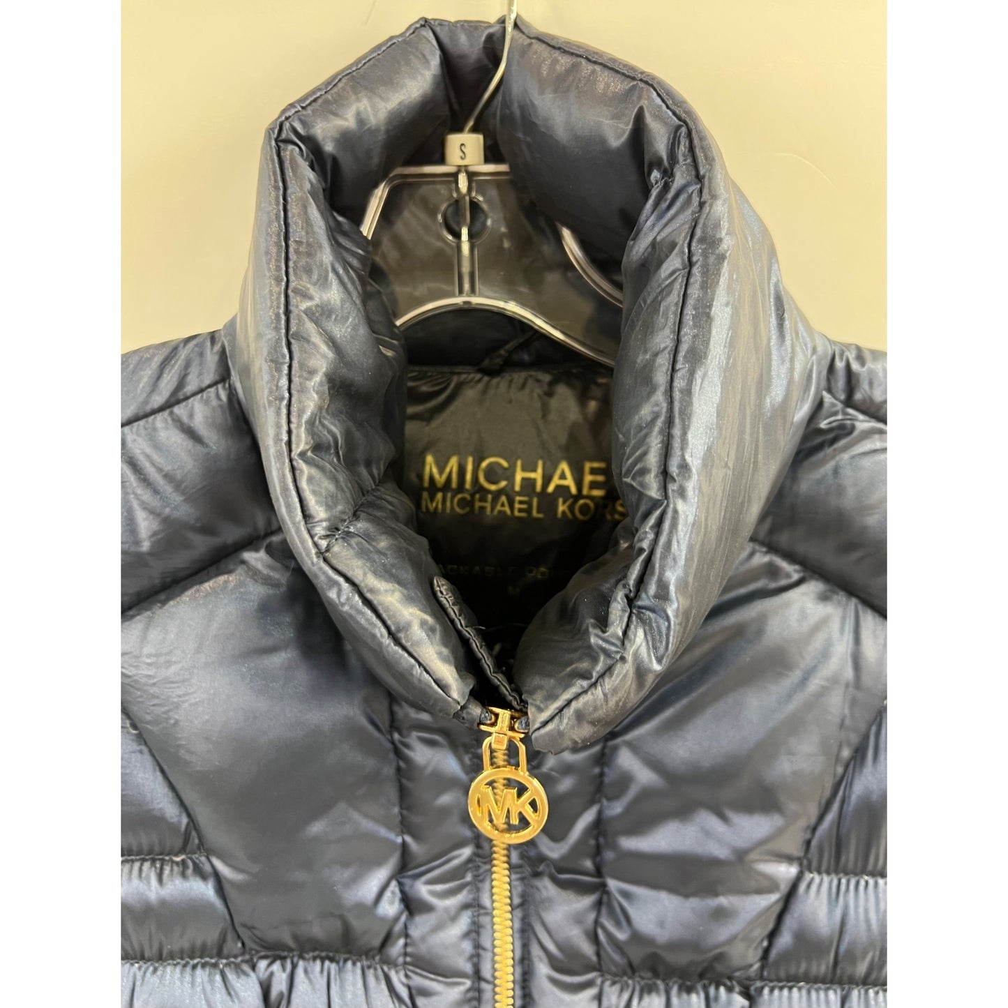 Michael Kors Women's Packable Down Puffer Jacket Navy Blue Gold Accents Sz. M