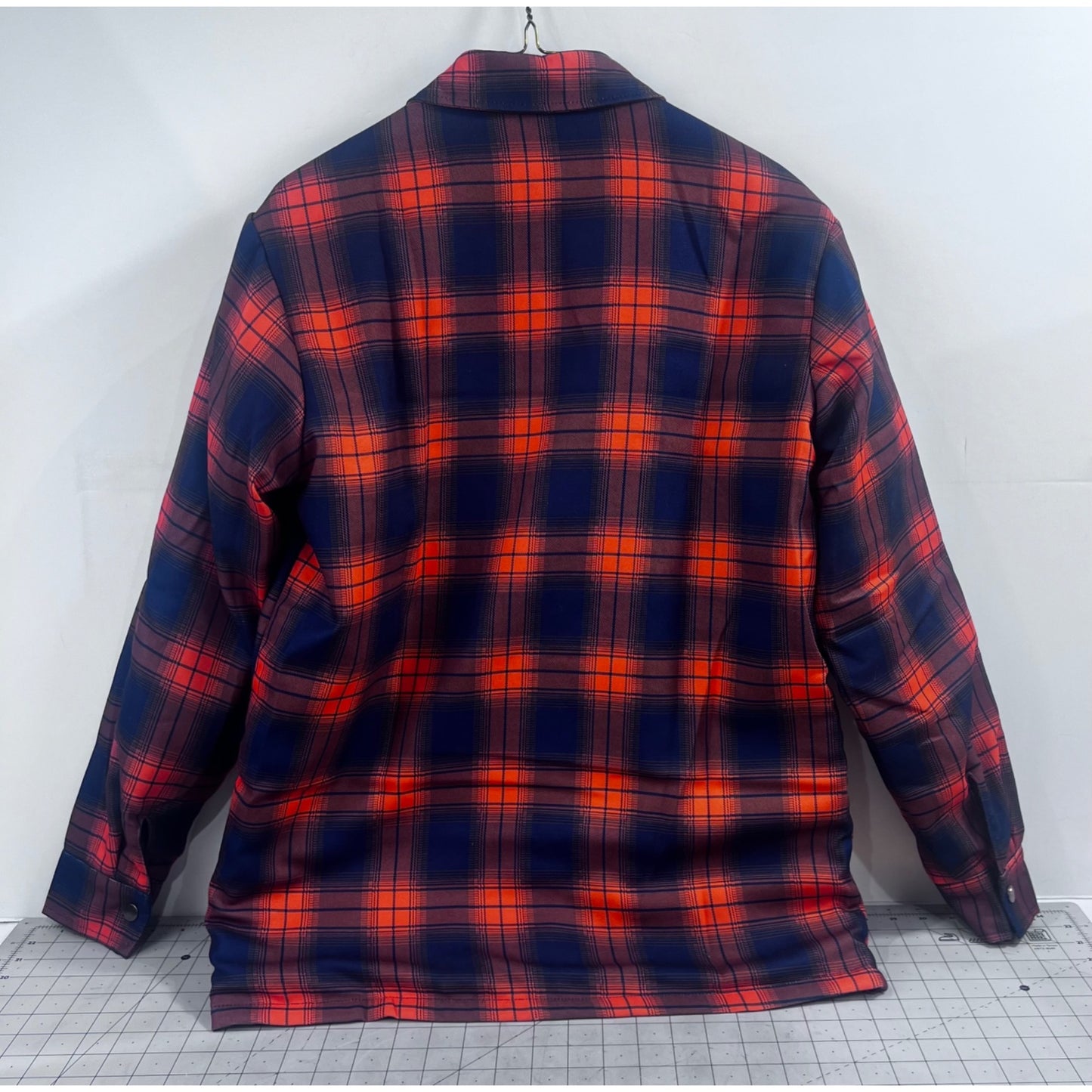 Men's Quilted Flannel Shirt Jacket Plaid Blue & Orange Sz. L Pearl Snap Vintage