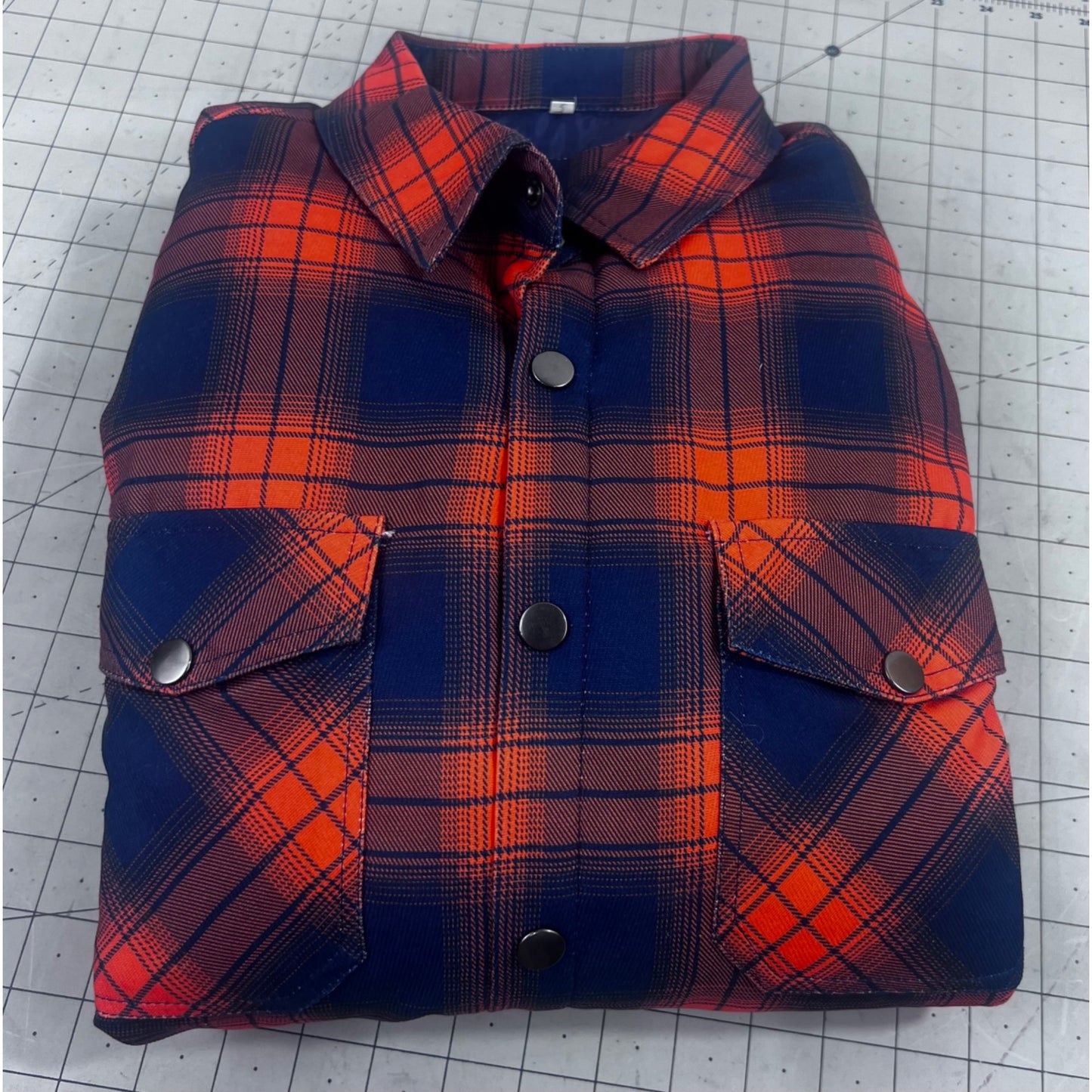 Men's Quilted Flannel Shirt Jacket Plaid Blue & Orange Sz. L Pearl Snap Vintage