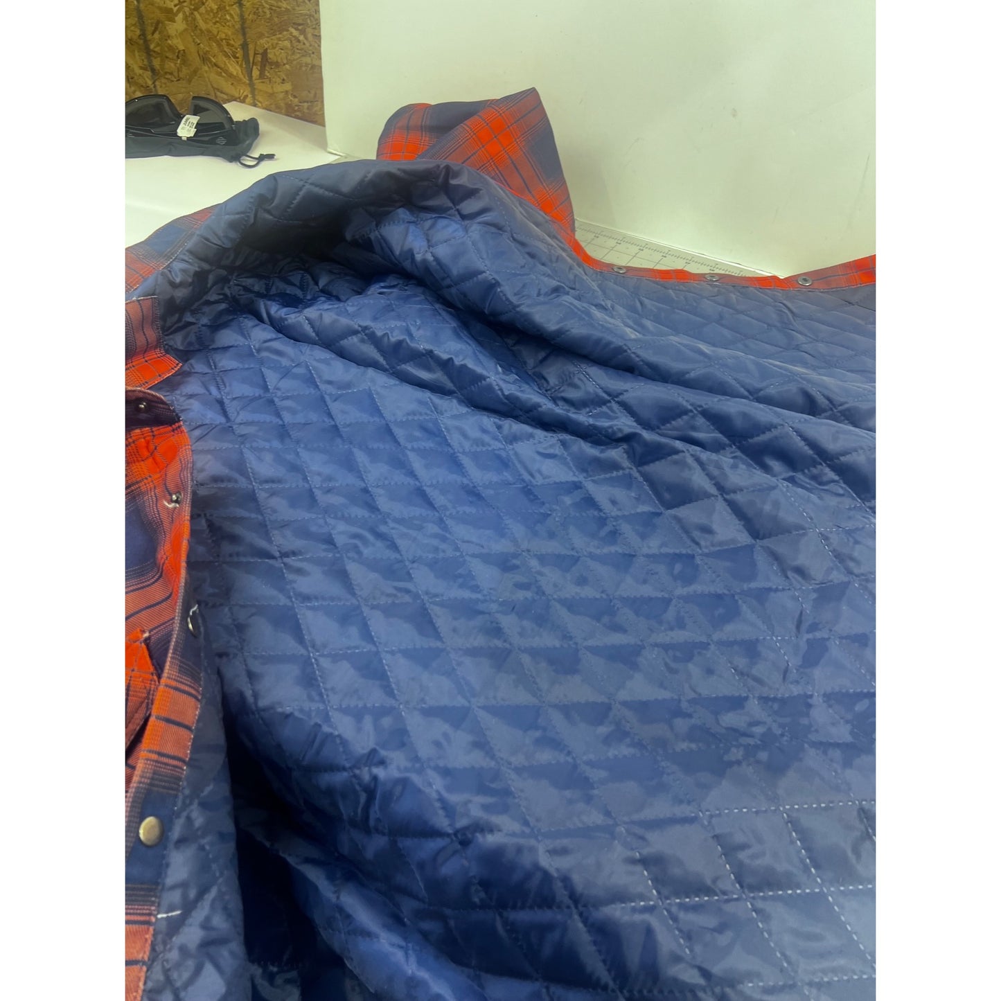 Men's Quilted Flannel Shirt Jacket Plaid Blue & Orange Sz. L Pearl Snap Vintage