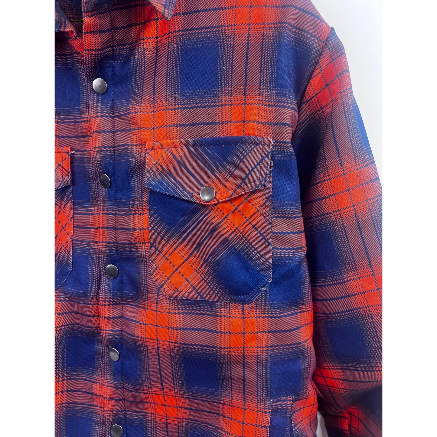 Men's Quilted Flannel Shirt Jacket Plaid Blue & Orange Sz. L Pearl Snap Vintage