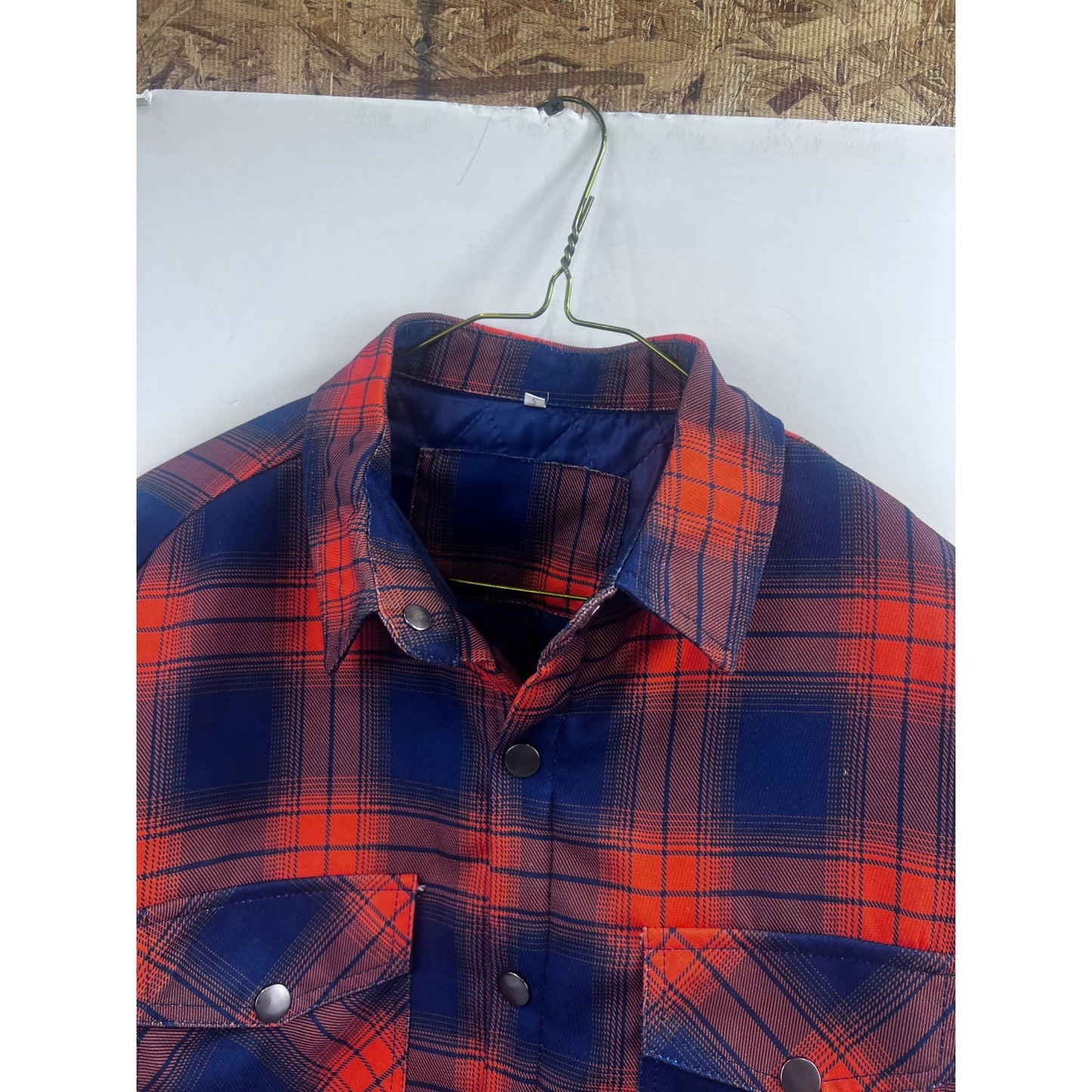 Men's Quilted Flannel Shirt Jacket Plaid Blue & Orange Sz. L Pearl Snap Vintage