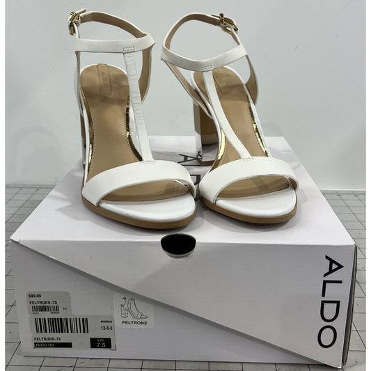 Aldo Women's Feltone-70 White Heeled Sandals Gold Accent Sz 7.5 With Box