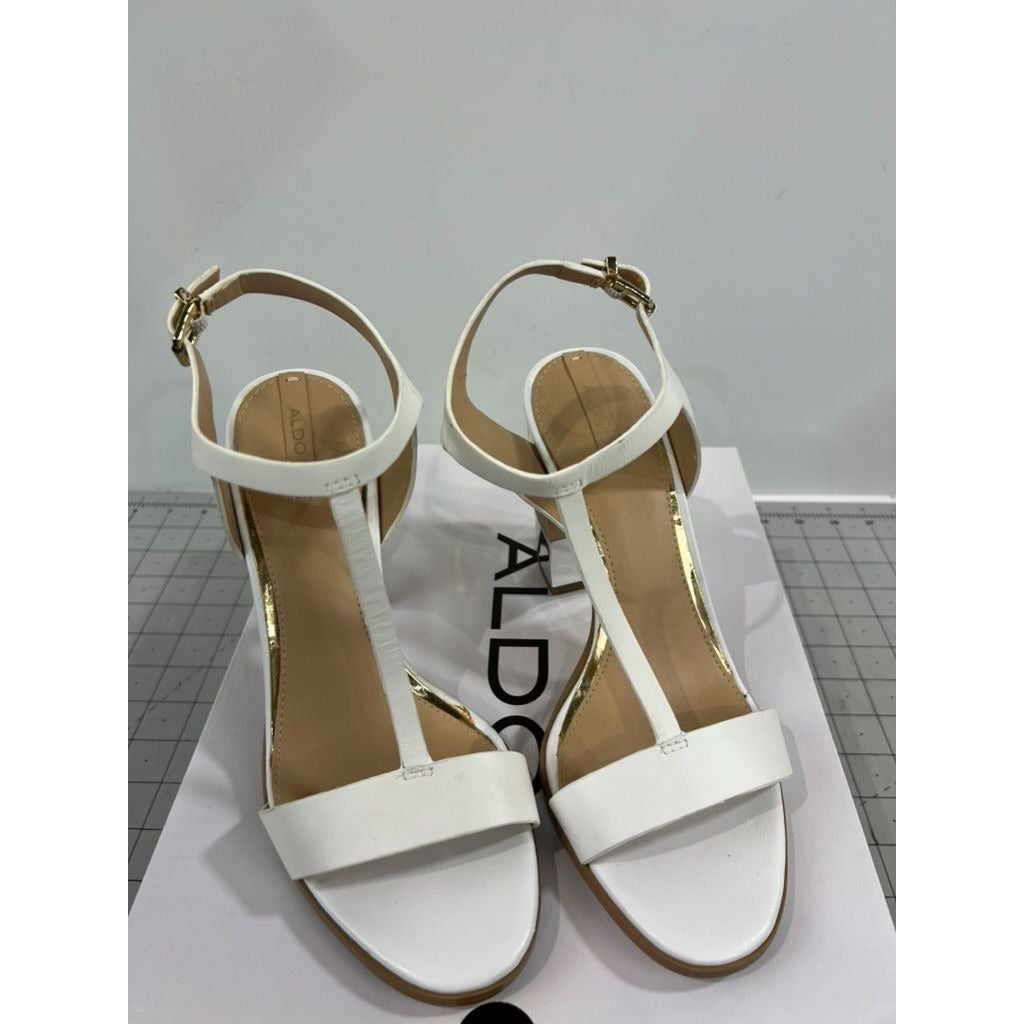 Aldo Women's Feltone-70 White Heeled Sandals Gold Accent Sz 7.5 With Box