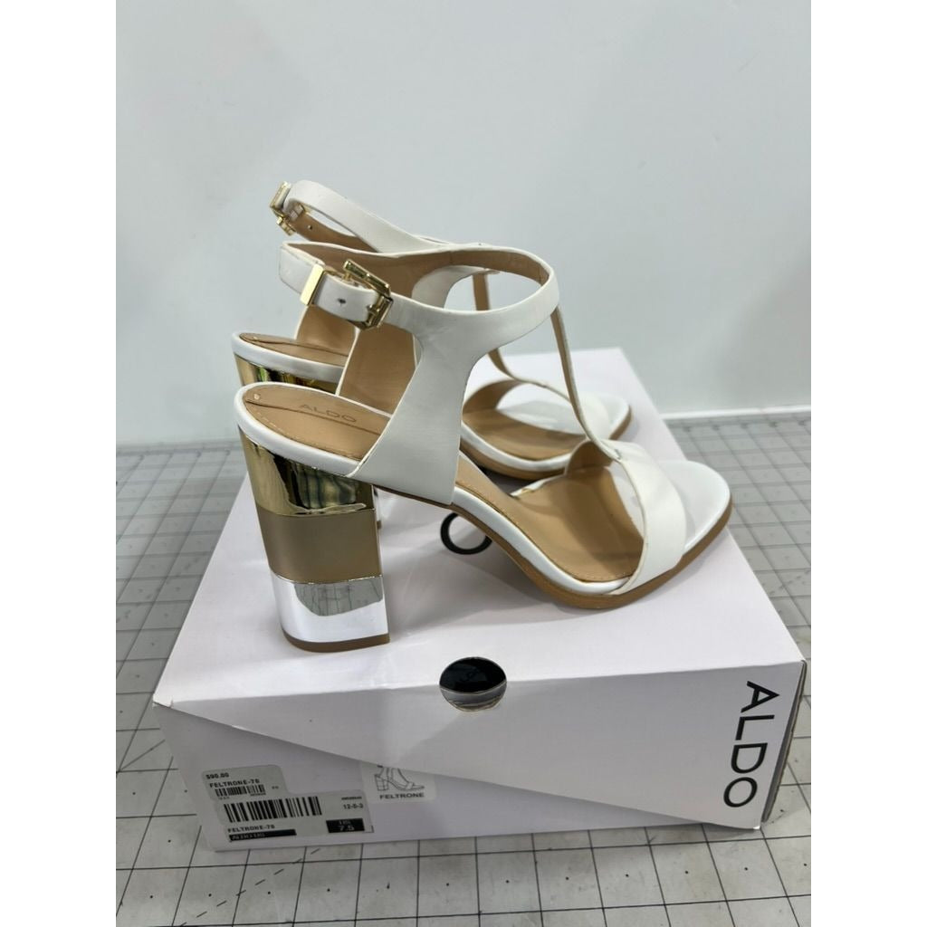 Aldo Women's Feltone-70 White Heeled Sandals Gold Accent Sz 7.5 With Box