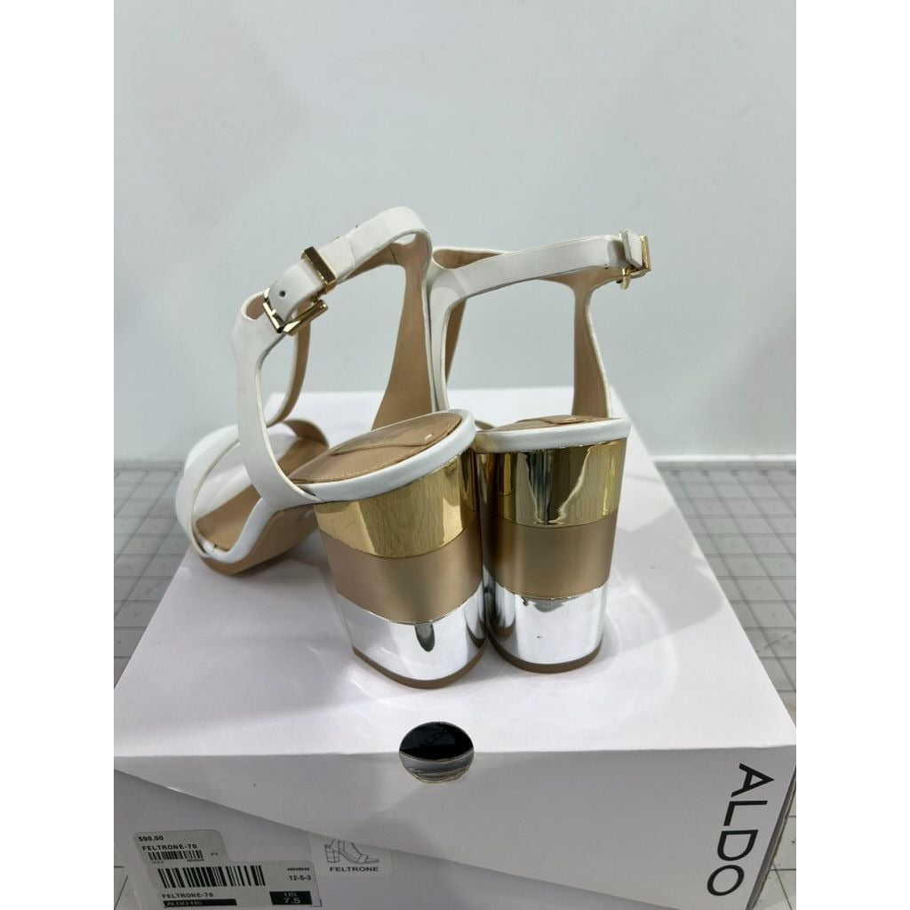 Aldo Women's Feltone-70 White Heeled Sandals Gold Accent Sz 7.5 With Box
