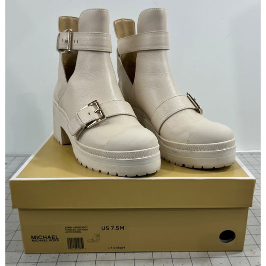 Michael Kors Corey Cutout Ankle Boots Tumbled Leather Natural Cream Sz. 7.5