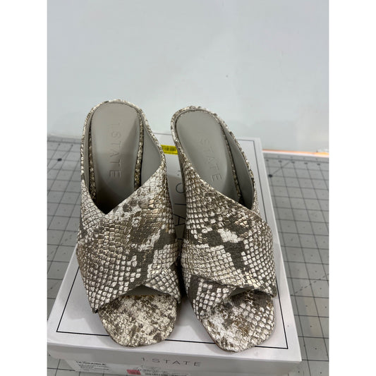 1.State Snakeskin-Print Open-Toe Block-Heel Mules Size 7 Beige & Brown