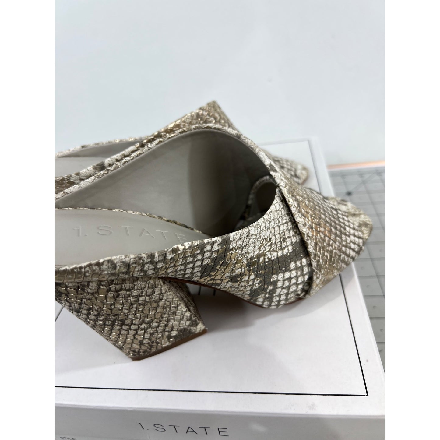 1.State Snakeskin-Print Open-Toe Block-Heel Mules Size 7 Beige & Brown