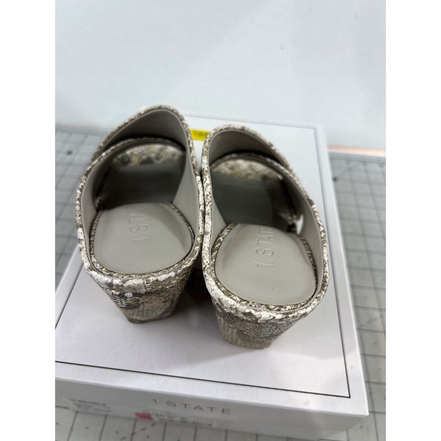 1.State Snakeskin-Print Open-Toe Block-Heel Mules Size 7 Beige & Brown