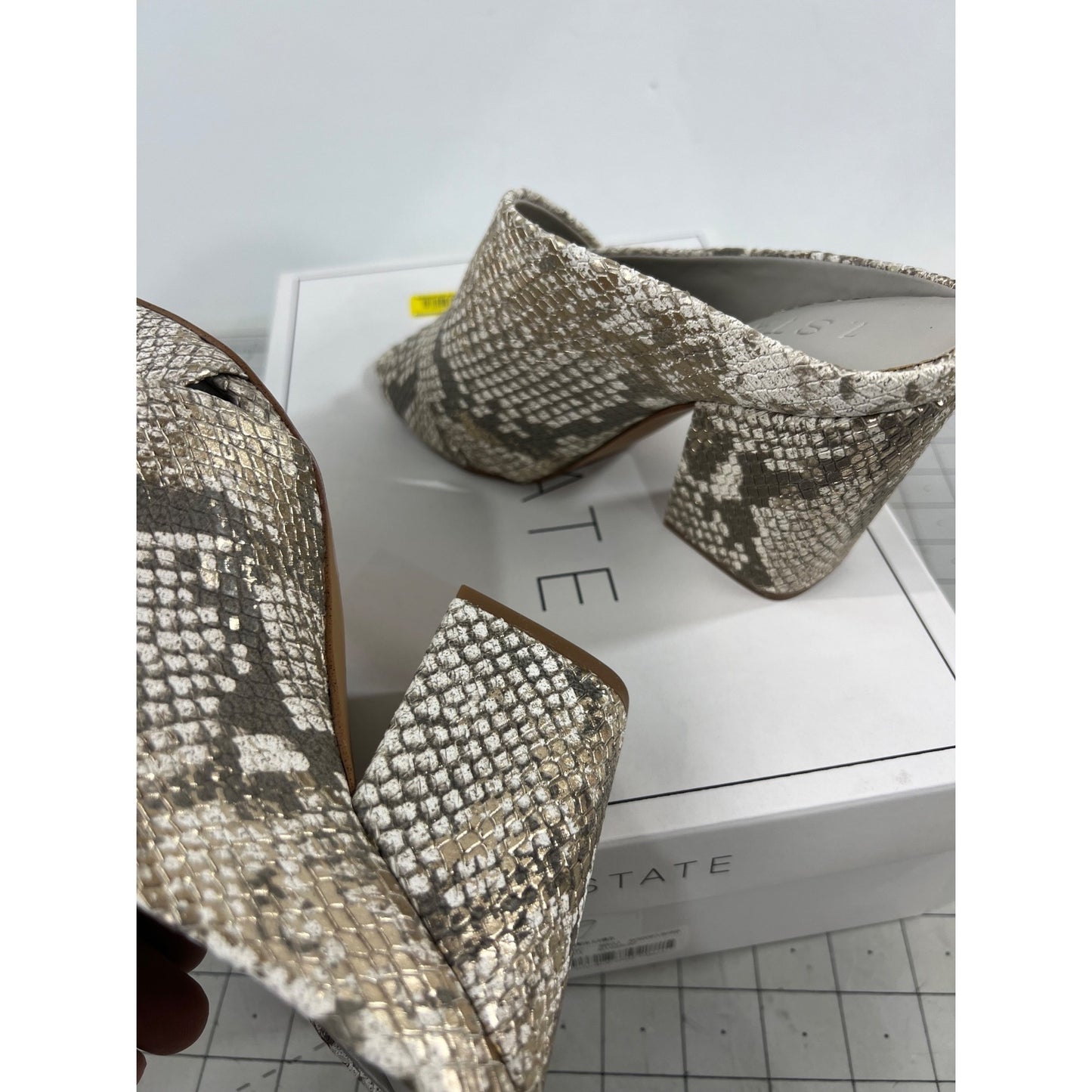 1.State Snakeskin-Print Open-Toe Block-Heel Mules Size 7 Beige & Brown