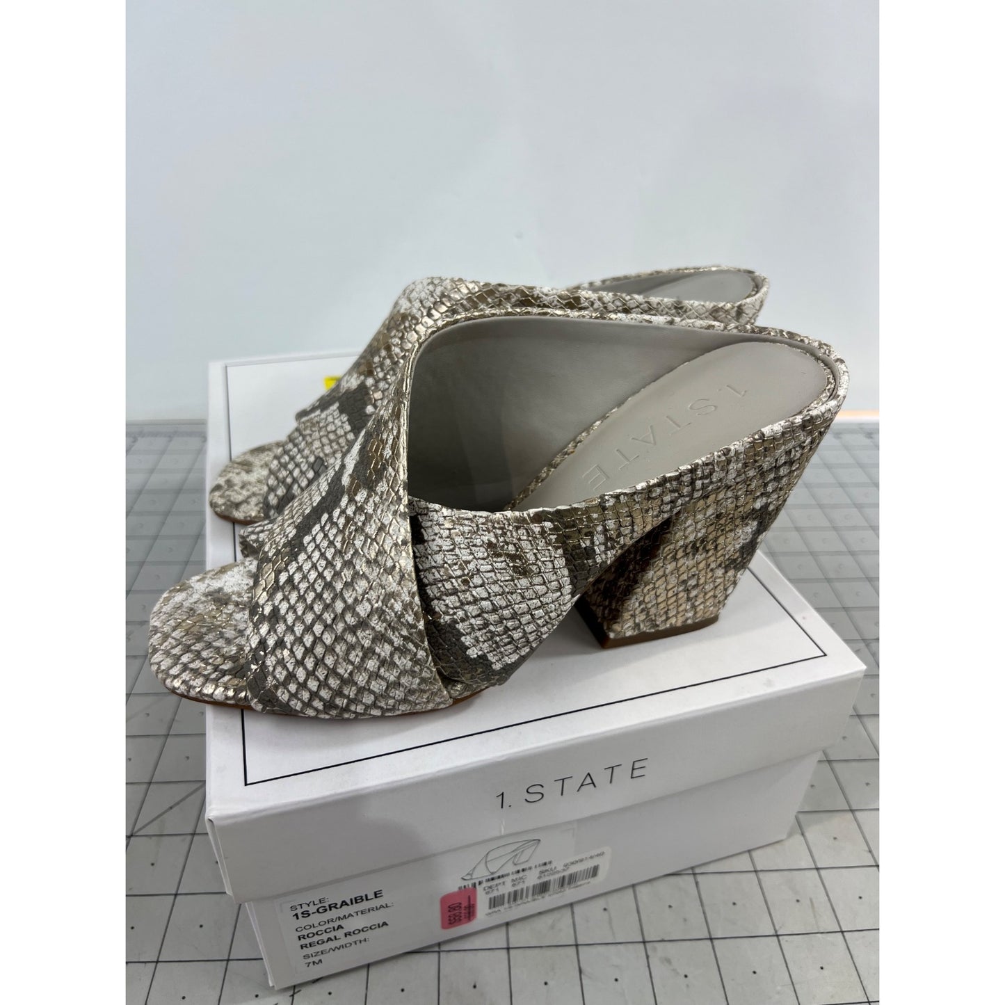 1.State Snakeskin-Print Open-Toe Block-Heel Mules Size 7 Beige & Brown