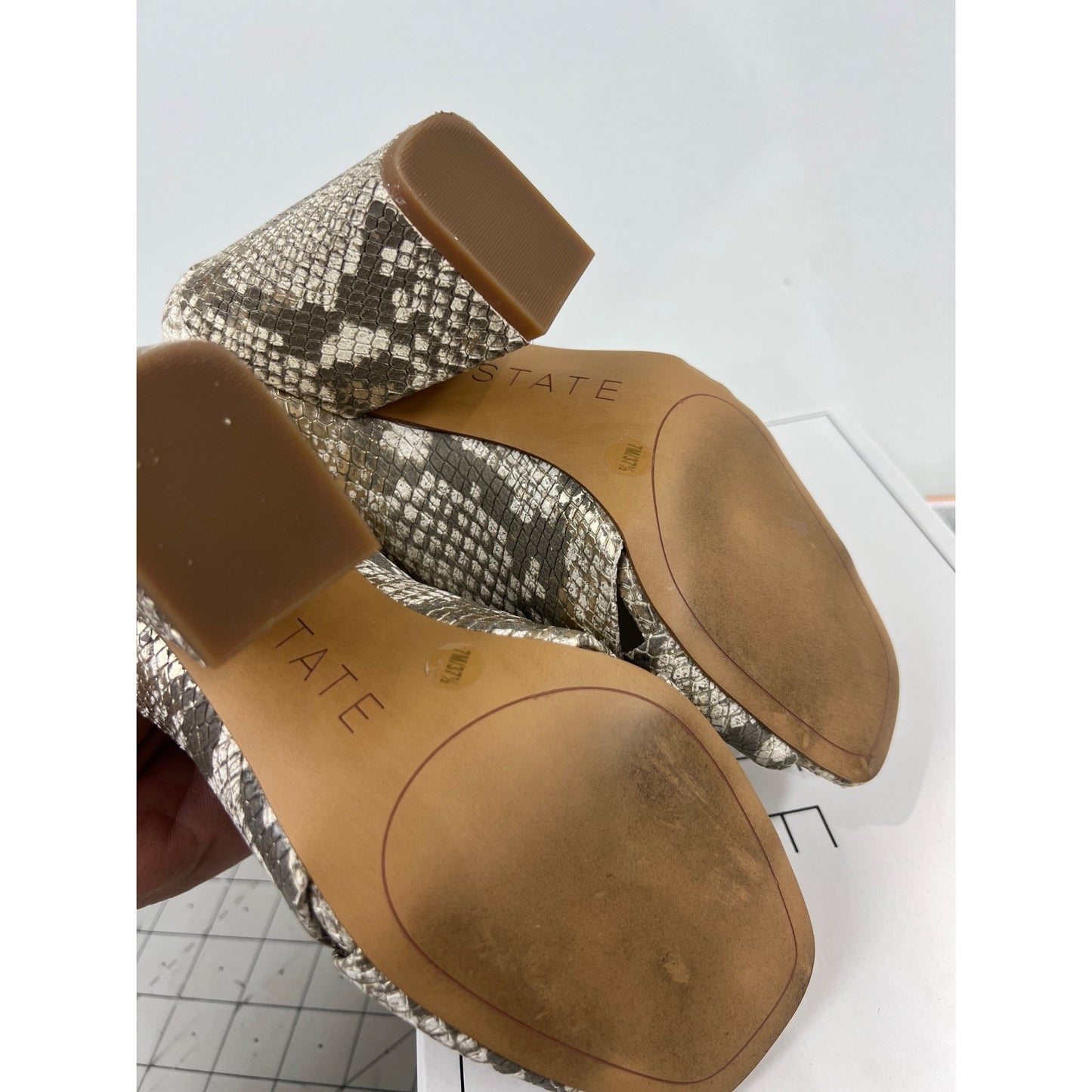 1.State Snakeskin-Print Open-Toe Block-Heel Mules Size 7 Beige & Brown