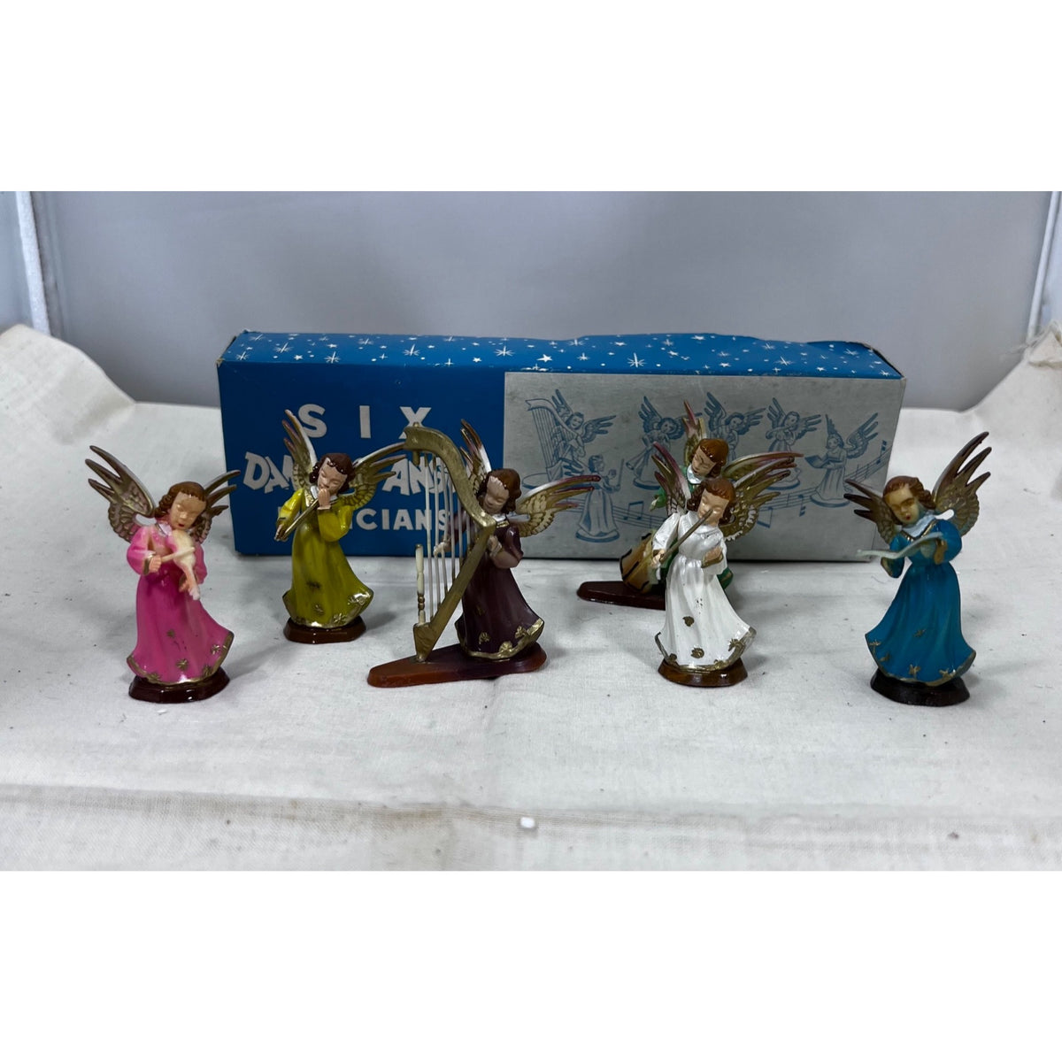 Six Vintage Hand-Painted Dancing Angel Musician Figurines With Box Christmas