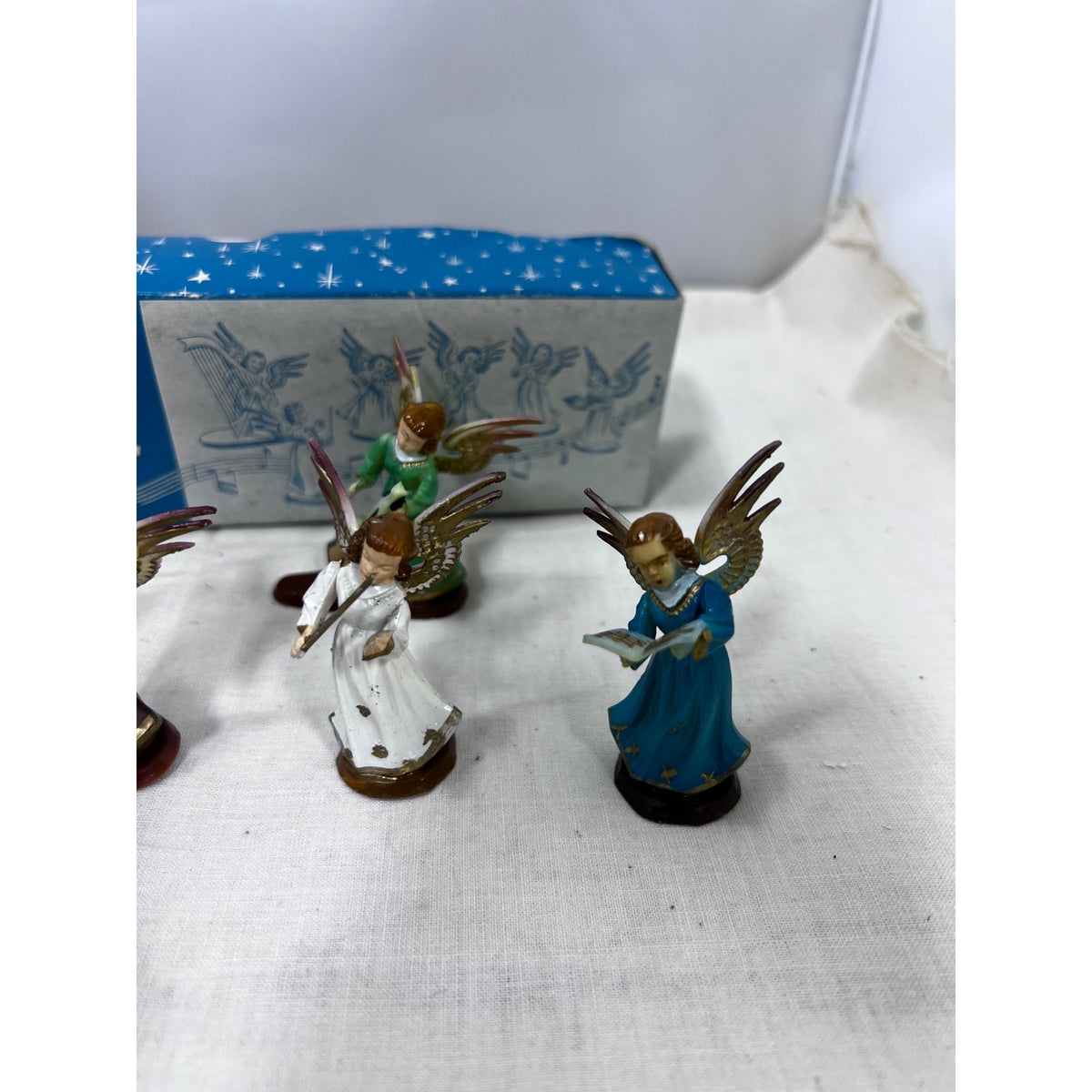 Six Vintage Hand-Painted Dancing Angel Musician Figurines With Box Christmas