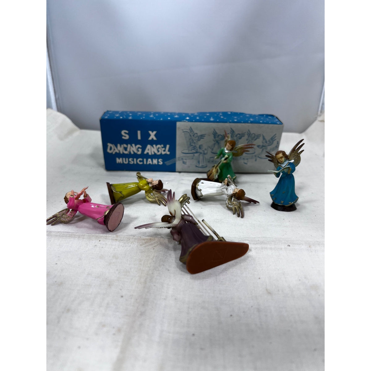 Six Vintage Hand-Painted Dancing Angel Musician Figurines With Box Christmas