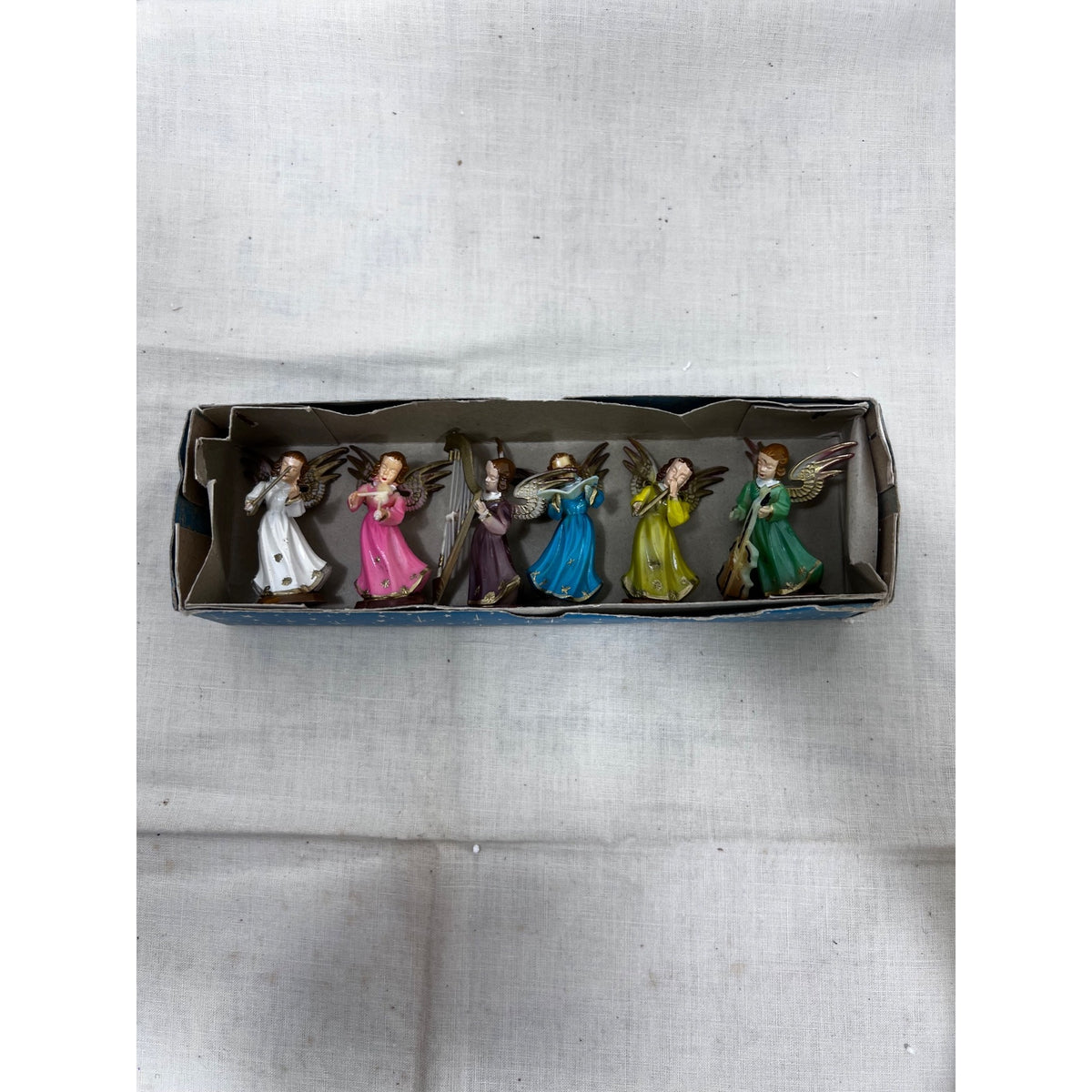 Six Vintage Hand-Painted Dancing Angel Musician Figurines With Box Christmas