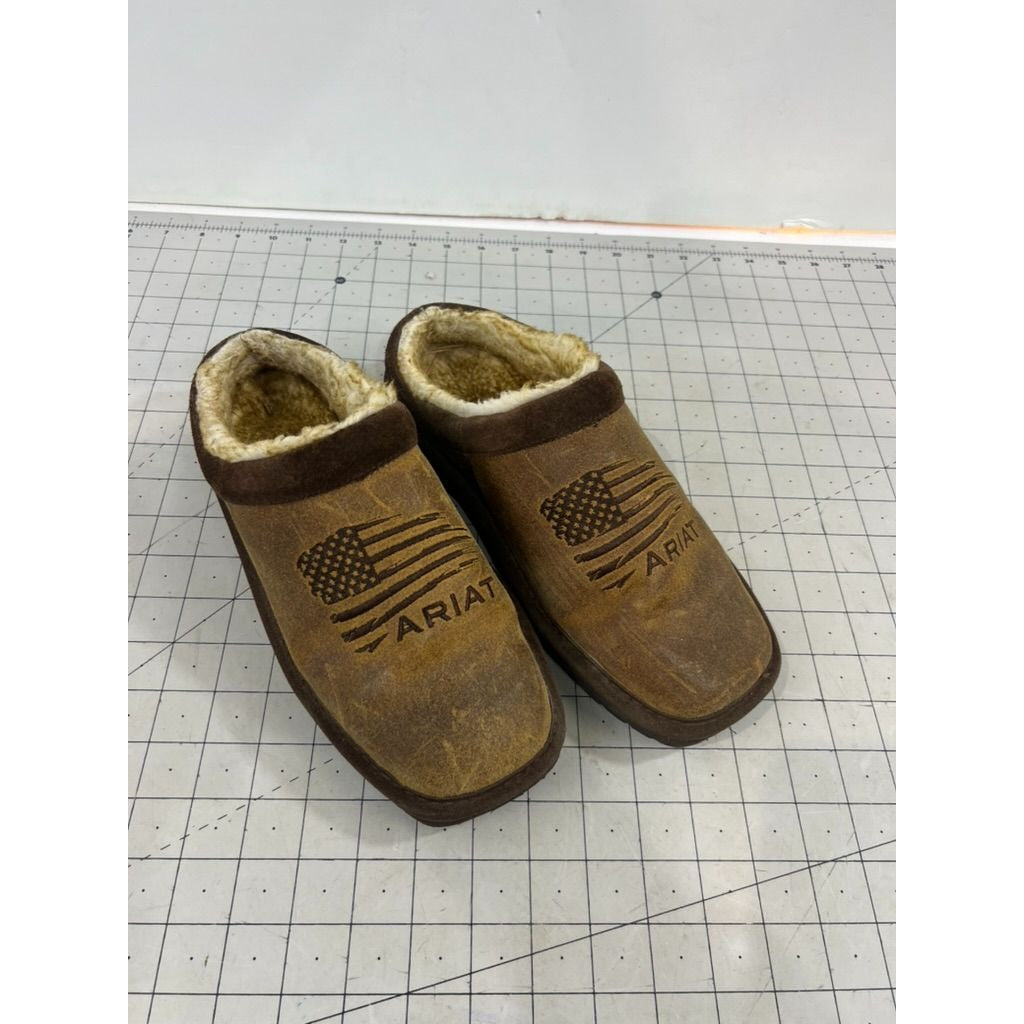 Ariat Men’s Brown Leather Sherpa-Lined Slippers Size 8 American Flag Design